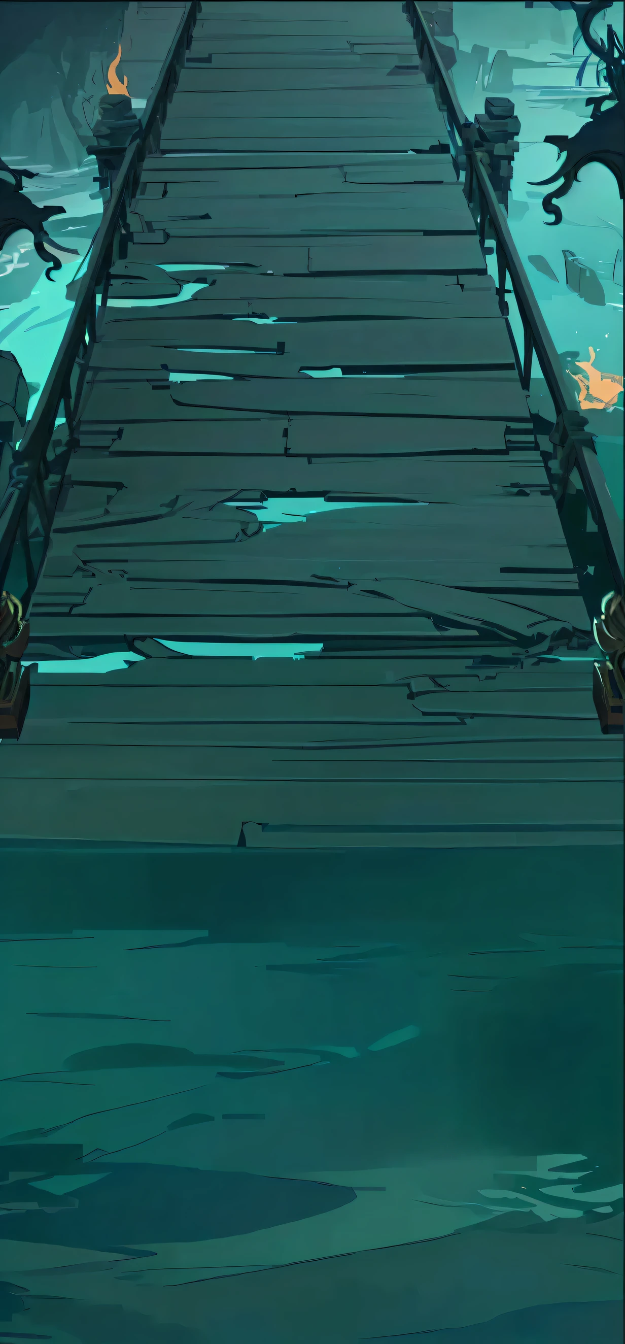 There is a long wooden bridge spanning the water surface, with abandoned Chinese style cartoon buildings in the background, a dark blue and white background, a 2D game cartoon scene style, a dark game background, a wooden plank bridge, an arena background, a background artwork, and two lion sculptures in the foreground. The cutscene animation is drawn in the game concept art style