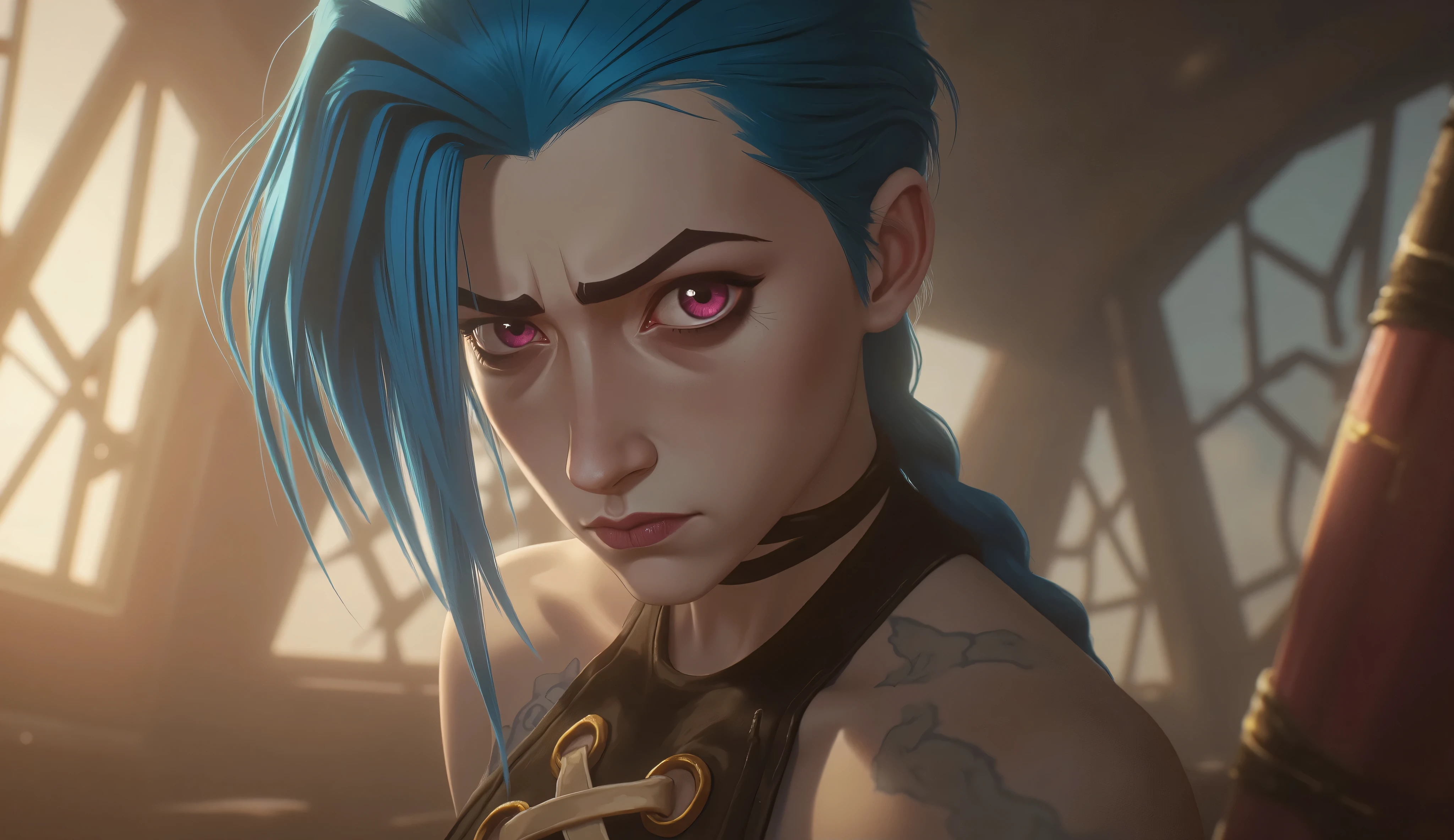 class, check_9 , class, check_8_ up , class, check_7_ up , beautiful figure, erotic figure, posing game, beautiful pose, очень sexy, erotica, Close-up face, Tower stern, sun. bright colors, focus on the eyes, очень detailed , detailed , Jinx , прикрывает голую chest, standing sideways to the viewer, very sexy , erotica , facial composition center , woman with blue hair and черный топ , facing the viewer , erotica ,(aerial view:1 . 2 . ) , (( facing the viewer : 1 . 2 . )) , (( chest : 1 . 2 . ) , (correct anatomy: 1 . 1 . ) , sexy ,long hair , asymmetric bangs , voluminous hairstyle , current makeup , without tails , voluminous hair slim figure , tight striped pants , red and pink eyes , hair is loose , 1girl , One , long hair , shiny , sophisticated detailed background,