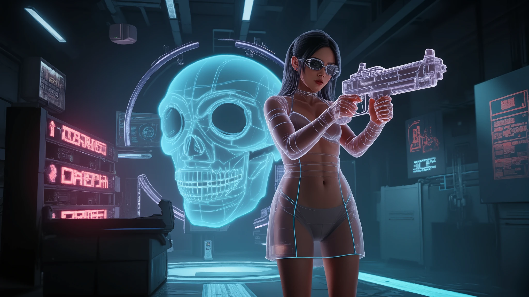 (blueprint style buildings, medium size flying 1drone). (((high angle view, overhead shot))). Translucent Chinese girl in mid-ground, ((half-body thigh level medium:1.8 shot)), long hair, (((transparent:0.1 short:0.1 shift dress))), cleavage, medium-breast:1.0, (((aiming blueprint short:0.1 pistol at viewer))), Matrix style micro sunglasses, ((Three-quarter view style, she appears at the right half of the frame, positioned in the middle-right, cinematic shot, rule of thirds composition)), slim:0.3 body, ((serious look)), slim face, (((lace tiny bra and lace G-string micro panty))), (realistic, photorealistic, photo-realistic:1.37), digital art, sci-fi concept art, cyberpunk server centre with dark blue giant skull as main server in the far end, (dramatic lighting, neon lights, glowing wires, cyberpunk aesthetic, futuristic), blue and purple color tones, cinematic composition.