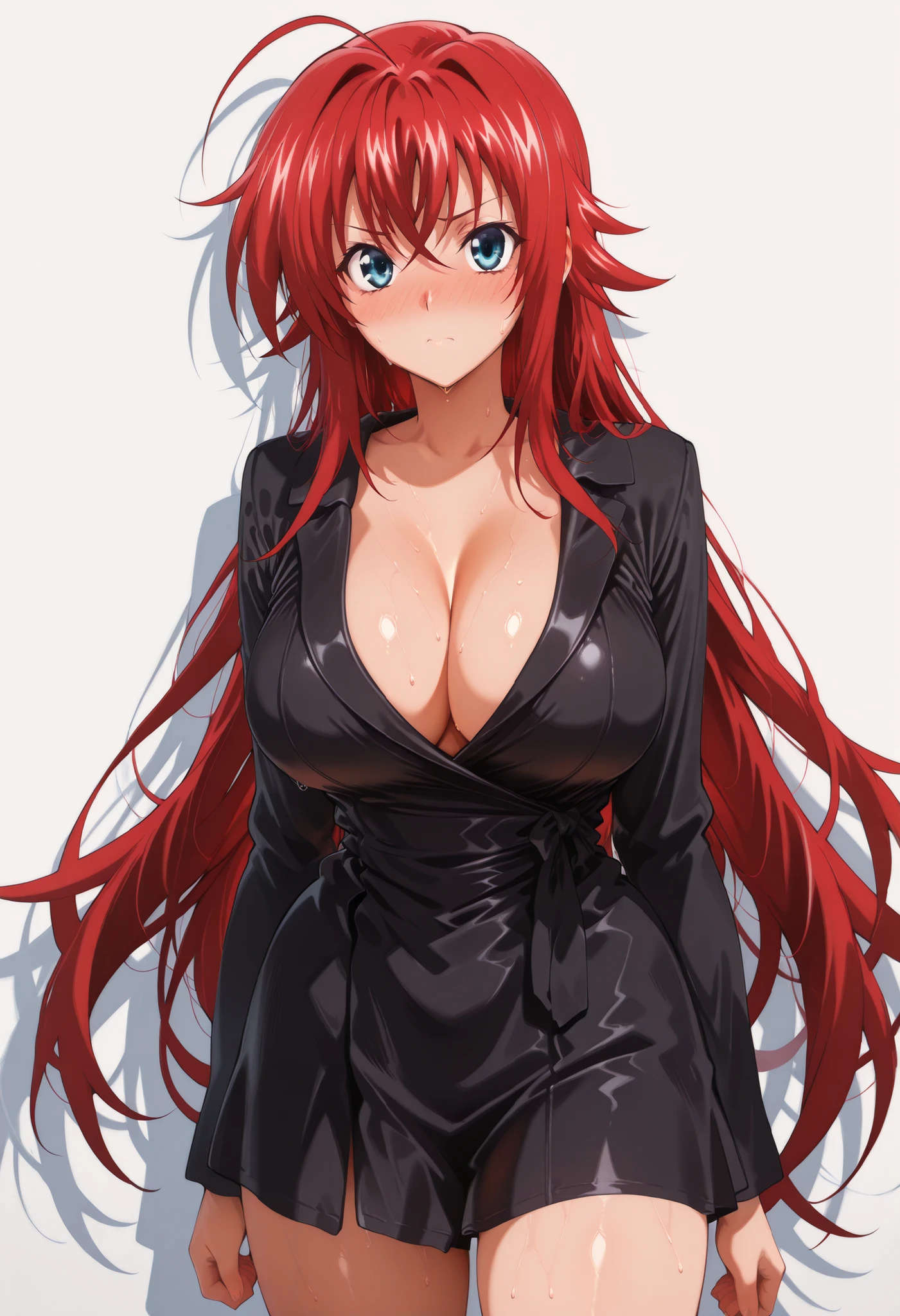 (masterpiece), Anime Style,solo,alone,only 1 girl,Rias Gremory standing, , , COWBOY SHOT, detailed rendering, smooth skin ,, looking at viewer, nose blush, shiny legs, shiny body, shiny hair, clear skin, clear body, sweat, sweaty, sweaty:1.3, solo, thick thigh, thick thighs, solo, female, large breasts,, looking at viewer, large breasts, STANDING, POSING, COWBOY SHOT, NICE LEGS, opaque clothes,, HUGE BREASTS,, solo, large breasts, thick thigh, dynamic pose,,,,, white background, empty background, tight clothes, black dress, cleavage, long sleeves, short dress, thighs,black dress, cleavage, long sleeves, short dress, thighs,,black dress, cleavage, long sleeves, short dress, thighs,