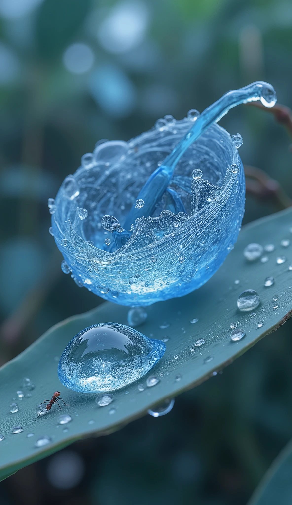 A dew drop hangs on the edge of a leaf，reflects a microscopic interpretation of “three thousand miles of water strike” in Klein blue nebula spots。family used field emission scanning electron microscopes to capture，of water Pollen spores push into “interstellar drift”，to form miniature oceans - plankton shuttle like transparent spaceships where {x} the geometric lines of the diatom shell are Fibonacci spirals are projected under sunlight diffraction。when ants touch the surface of the dew beads，tension waves ripple，and intertwine hydrogen bonds between molecules on a three-dimensional network，Like《A getaway》中“水击三千里”的微观演绎。. The：nano-silver wires grow within the droplets，branched like《 A Thousand Miles of Rivers and Mountains 》The ink painting mountains in China's