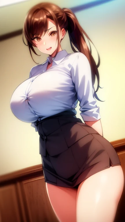 1 woman, high resolution, Long hair, Ponytail, High Detail, Best quality, masterpiece, Huge Breasts，Large areola，translucent shirt，Short skirt，at home，nipple