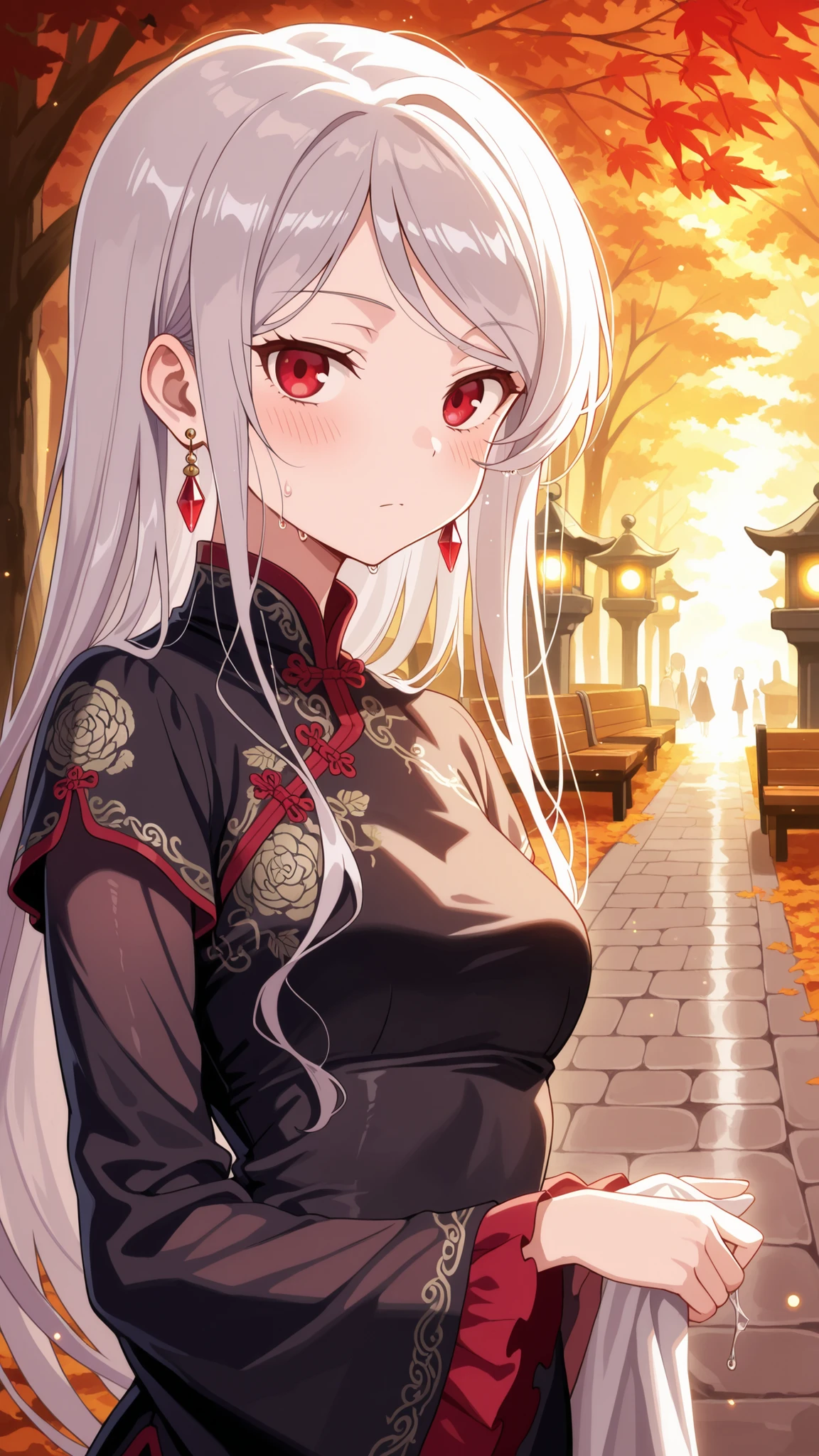 BREAK (masterpiece:1.2),Peaceful Japanese park during autumn after rainfall, vibrant red and golden maple leaves scattered across glistening stone paths, wet wooden benches under glowing foliage, stone lanterns reflecting in puddles, warm light shining through misty air, atmosphere of quiet melancholy and freshness, cinematic composition, highly detailed, 8K masterpiece digital painting,no people, shalltear, grey hair, long hair, red eyes, silver hair,Elegant traditional Chinese dress, flowing silk fabric with intricate golden embroidery, long wide sleeves, delicate floral patterns, black dress,jawerly,earrings,blush,looking at viewer,portrait,portrait shot,close up,serious face,