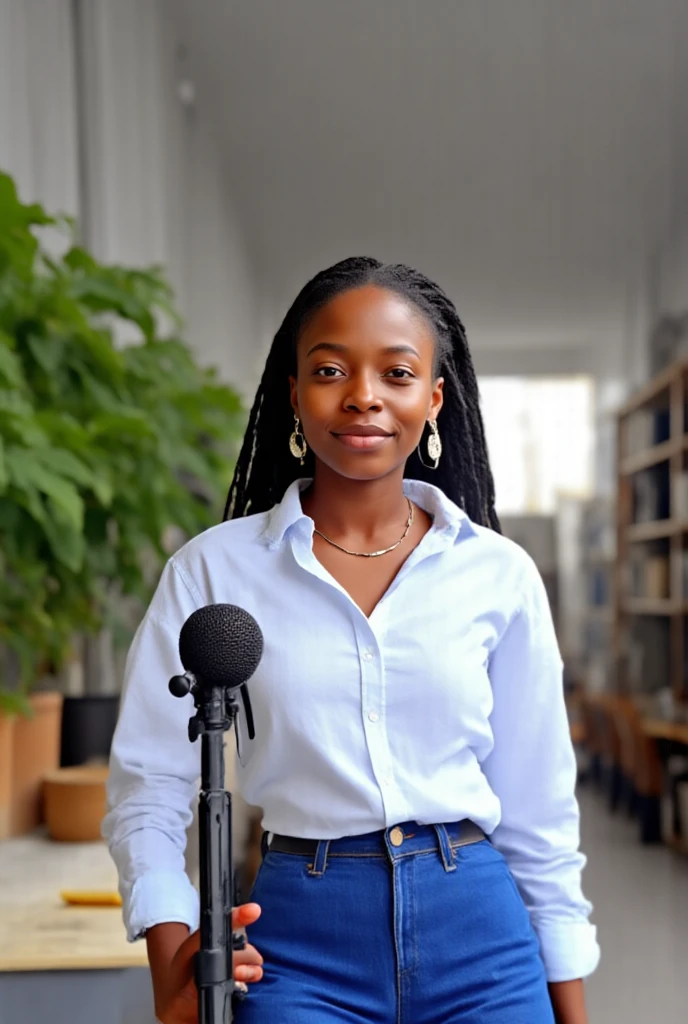 Cette image soit en mode influenceuse dans un bureau administrative qui fait un podcast 