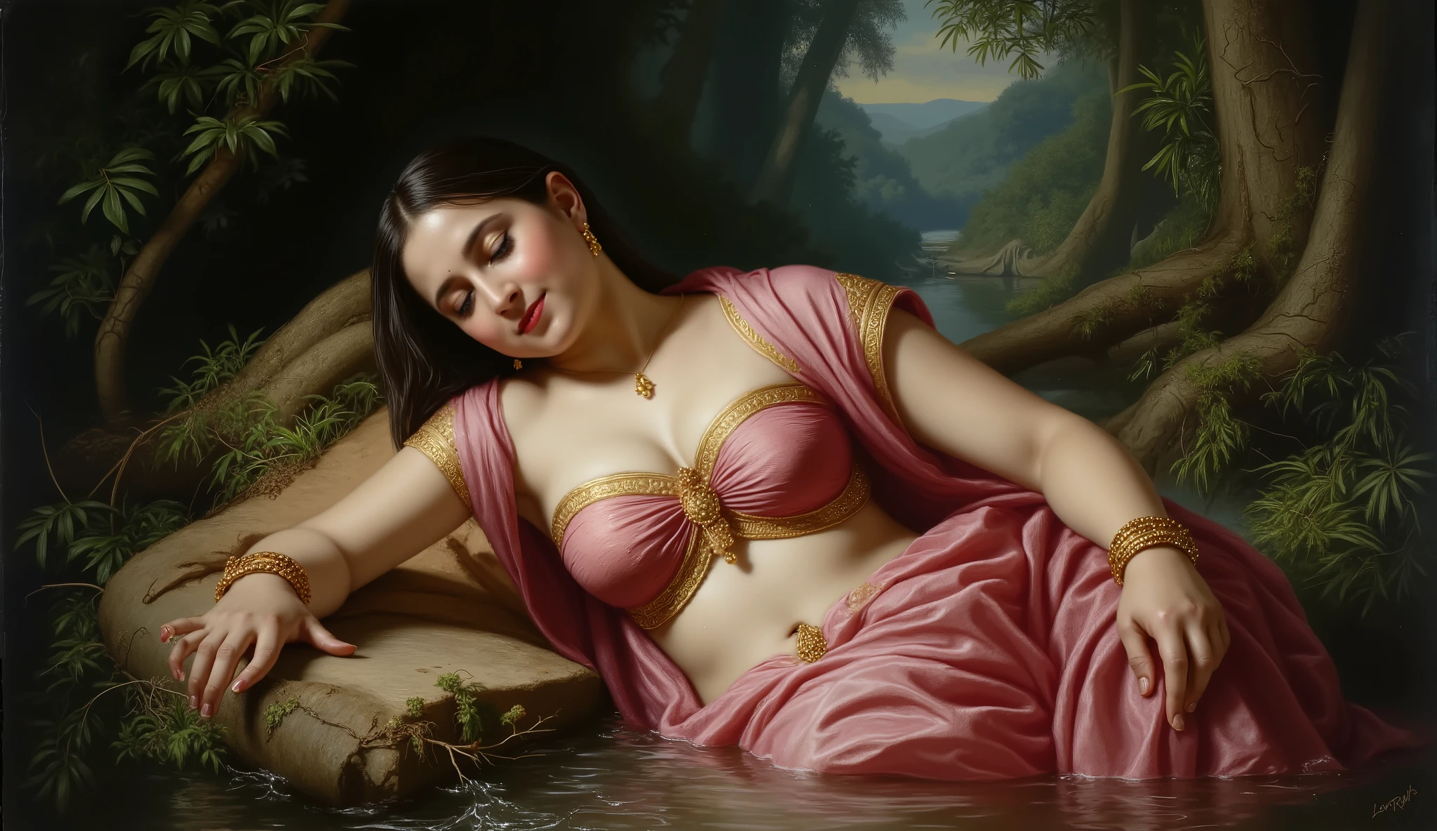 Full hd elegant picture of princess wearing wet pink saree and wet half sleeves pink blouse sleeping in the scary forest full picture