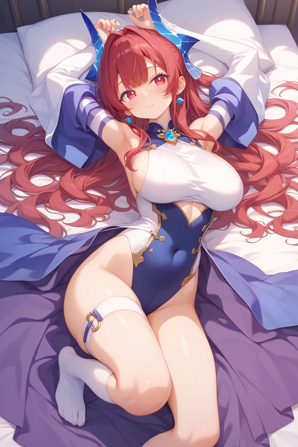 1woman, ((princess dress)), in medieval castle, ((dark blue long puffy rococo dress, full length hoop skirt, princess tiara, many ruffles, frilly)), (hair in ponytail, long beautiful orange hair), (Blue eyes), sharp outline, a matural female, 30 year old, {{{Best Quality}}}, {{{masterpiece}}}, {{intricate details}}, {{ultra detailed}}, ((((hourglass figure)))), (((huge ?????))), tiny waist, six pack abs, wide ????, super ???? pose, legs spread, (bigger ?????:1.4), (((orange hair))), big smiling expression, blushing, flirty, ((busty ???????)), ????? overflowing out of top, cleavage, more underboob, (((focus on woman))), many detailed ruffles, puffy dress bottom,  tiered dress, dynamic angle, bulky hoop skirt, ultra-detailed 4k, ((high resolution image)),  big puffy dress, ((((lying all the way down on bed)))), in castle bedroom, ((view from above)), ????? squished together, back on bed