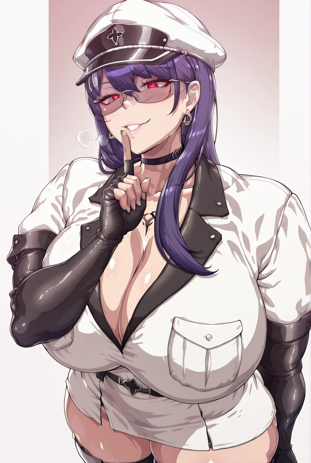 Ssp, (cervina7-style:1.4), (zonda_(solid_air)-style:1.2), (shiroshisu-style:1.4), (osiimi-style:1.2)), ((anatomical correct)), ((Cinematic, unreal engine, eye-catching, ambient occlusion, UHD, masterpiece)), ((perfect lighting, soft shadow)), perfect body, perfect eyes, perfect fingers, gasping, heavy breathing, gasping profusely, ((curvy)), hiruko, purple hair, long hair, red eyes, glasses, choker, earrings, plump, athletic body, (voluptuous:1.5), (mature female:1.5), ((vignetting)), 1girl, solo, breasts, looking_at_viewer, finger_to_mouth, thighs, white_background, simple_background, shushing, parted_lips, index_finger_raised, cowboy_shot, susshing, fingernails, smug, shaded face, glowing eyes, breasts, cleavage, collarbone, tattoo, chest tattoo, hat, white headwear, peaked cap, military hat, long sleeves, gloves, dress, short sleeves, choker, belt, elbow gloves, white dress, uniform, black choker, military, military uniform, thighhighs, boots, white thighhighs, zettai ryouiki, thigh boots, white footwear,