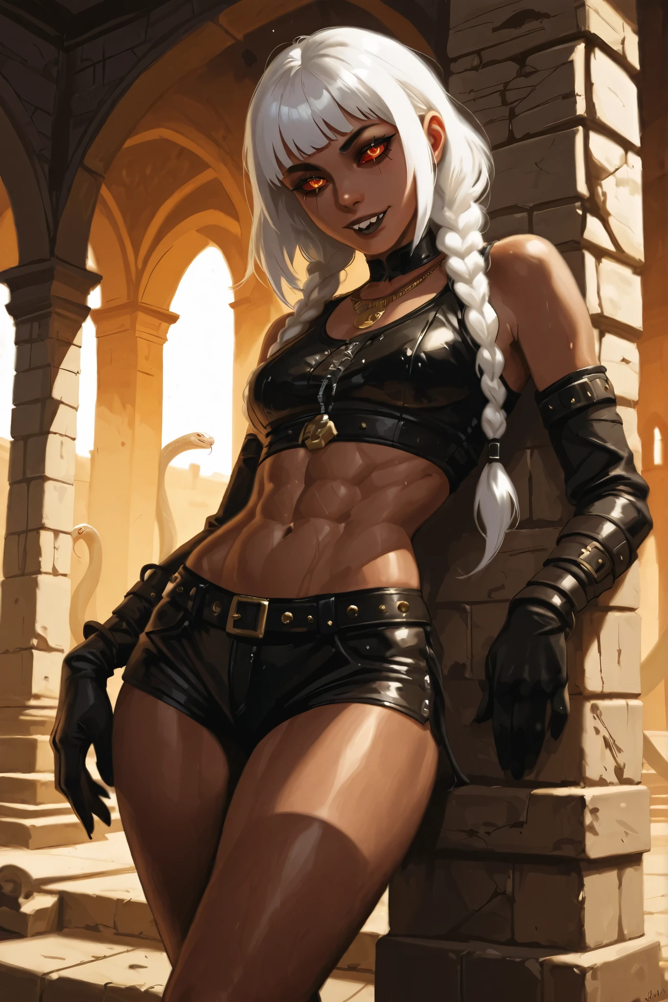 Drawn like the artist Bob Kehl. Goth girl. Albino skin. White skin. Rebecca from Cyberpunk Edgerunners with white and dark hair, deep red-coloured eyes, slanted Asian eyes, black eyeliner, with sharp teeth, athletic body and abs. Slender and athletic. Cute, round and young face. White highlights in her hair. She wears old black snake-leather clothing with snakeskin-texture. She also wears an amber necklace. She has small breasts. She smiles awkward-ly. Atmospheric lighting. She looks like Wednesday Adams. Box-art. DnD-art-style, oil painting. Looking at the viewer. Background: Spanish medieval town