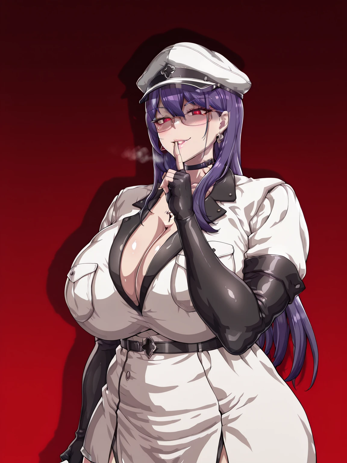 Ssp, (cervina7-style:1.4), (zonda_(solid_air)-style:1.2), (shiroshisu-style:1.4), (osiimi-style:1.2)), ((anatomical correct)), ((Cinematic, unreal engine, eye-catching, ambient occlusion, UHD, masterpiece)), ((perfect lighting, soft shadow)), perfect body, perfect eyes, perfect fingers, gasping, heavy breathing, gasping profusely, ((curvy)), hiruko, purple hair, long hair, red eyes, glasses, choker, earrings, plump, athletic body, (voluptuous:1.5), (mature female:1.5), ((vignetting)), 1girl, solo, breasts, looking_at_viewer, finger_to_mouth, thighs, white_background, simple_background, shushing, parted_lips, index_finger_raised, cowboy_shot, susshing, fingernails, smug, shaded face, glowing eyes, breasts, cleavage, collarbone, tattoo, chest tattoo, hat, white headwear, peaked cap, military hat, long sleeves, gloves, dress, short sleeves, choker, belt, elbow gloves, white dress, uniform, black choker, military, military uniform, thighhighs, boots, white thighhighs, zettai ryouiki, thigh boots, white footwear,, katana,