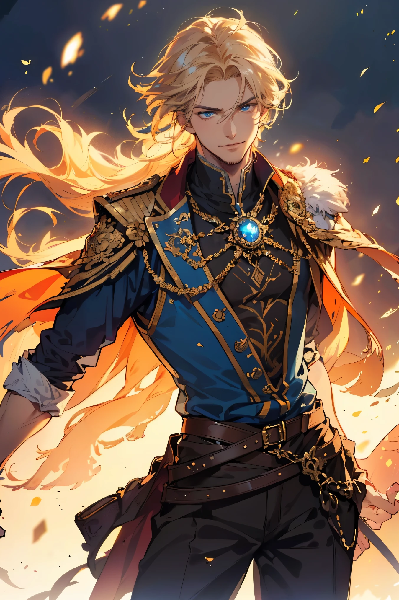 (10up, best quality, masterpiece, 8K, photorealistic, cinematic lighting, hdr image, ultra detailed, beautiful image, perfect face without errors, anatomically correct, body-part position correct, correct arms legs fingers), Drawing of Russian man, (man is handsome, Apricot skin, Light hair, Very Short hair, Shine Glowing Blue eyes iris, Detailed eyes), (Anime Fantasy Musketeer Costume), (Western Cowboy Saloon background), (Holding Fantasy rifle Made from Blue Energy in his hand), (Confidence expression, Smirking, Prideful gaze), well build, Breeze Atmosphere, Backlighting