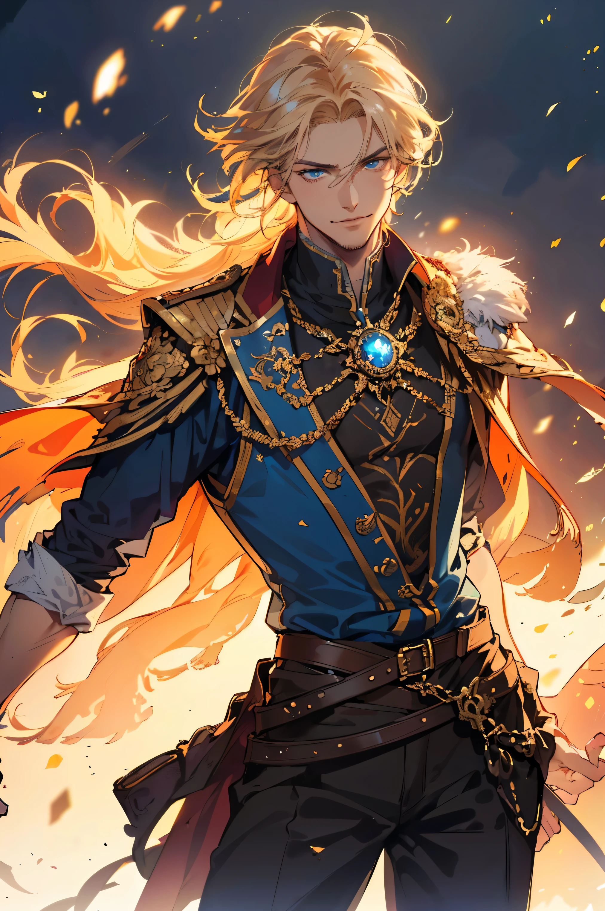 (10up, best quality, masterpiece, 8K, photorealistic, cinematic lighting, hdr image, ultra detailed, beautiful image, perfect face without errors, anatomically correct, body-part position correct, correct arms legs fingers), Drawing of Russian man, (man is handsome, Apricot skin, Light hair, Very Short hair, Shine Glowing Blue eyes iris, Detailed eyes), (Anime Fantasy Musketeer Costume), (Western Cowboy Saloon background), (Holding Fantasy rifle Made from Blue Energy in his hand), (Confidence expression, Smirking, Prideful gaze), well build, Breeze Atmosphere, Backlighting