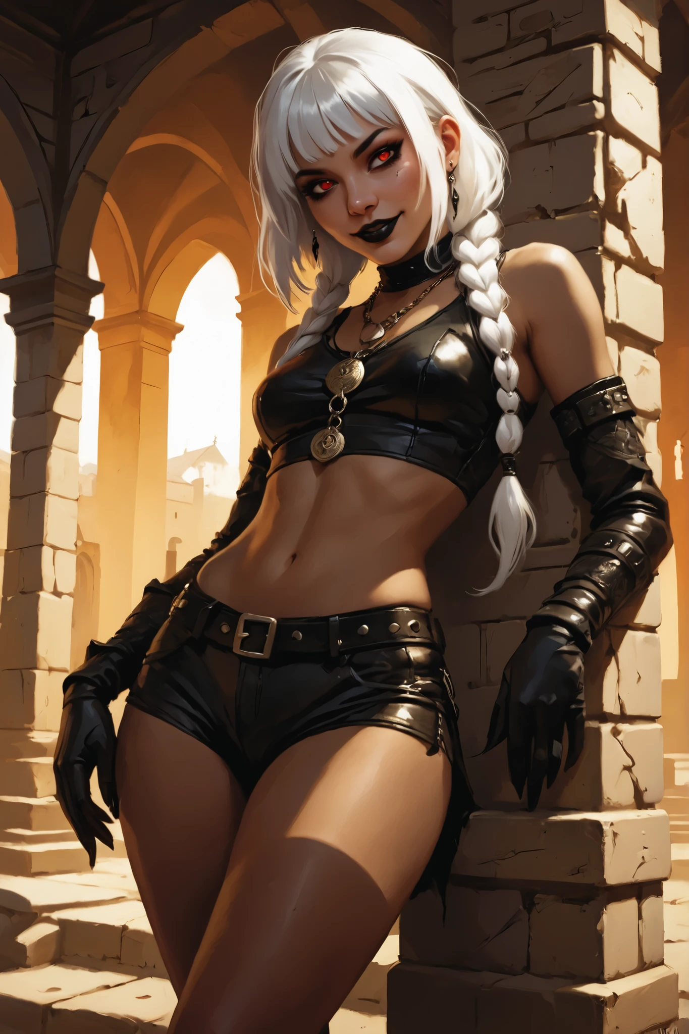 Drawn like the artist Bob Kehl. Goth girl. Albino skin. White skin. Rebecca from Cyberpunk Edgerunners with white and dark hair, deep red-coloured eyes, slanted Asian eyes, black eyeliner, with sharp teeth, athletic body and abs. Slender and athletic. Cute, round and young face. White highlights in her hair. She wears old black snake-leather clothing with snakeskin-texture. She also wears an amber necklace. She has small breasts. She smiles awkward-ly. Atmospheric lighting. She looks like Wednesday Adams. Box-art. DnD-art-style, oil painting. Looking at the viewer. Background: Spanish medieval town