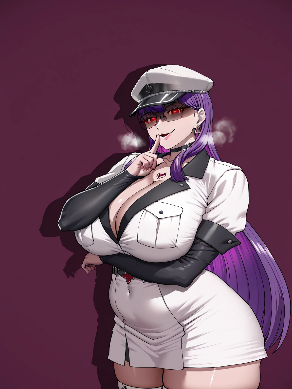 Ssp, (cervina7-style:1.4), (zonda_(solid_air)-style:1.2), (shiroshisu-style:1.4), (osiimi-style:1.2)), ((anatomical correct)), ((Cinematic, unreal engine, eye-catching, ambient occlusion, UHD, masterpiece)), ((perfect lighting, soft shadow)), perfect body, perfect eyes, perfect fingers, gasping, heavy breathing, gasping profusely, ((curvy)), hiruko, purple hair, long hair, red eyes, glasses, choker, earrings, plump, athletic body, (voluptuous:1.5), (mature female:1.5), ((vignetting)), 1girl, solo, breasts, looking_at_viewer, finger_to_mouth, thighs, white_background, simple_background, shushing, parted_lips, index_finger_raised, cowboy_shot, susshing, fingernails, smug, shaded face, glowing eyes, breasts, cleavage, collarbone, tattoo, chest tattoo, hat, white headwear, peaked cap, military hat, long sleeves, gloves, dress, short sleeves, choker, belt, elbow gloves, white dress, uniform, black choker, military, military uniform, thighhighs, boots, white thighhighs, zettai ryouiki, thigh boots, white footwear,, katana,