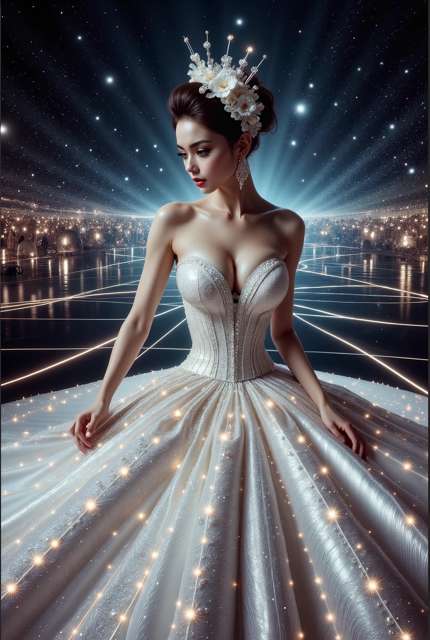 A beautiful Asian idol girl with white skin, douyin-style makeup face, eyelashes, With fake giant breasts, blue eyes, wearing a tight strapless dress that presses the breasts, with a sexy and slim body, a small waist, glass effect on the dress, sitting in space, UHD, luxurious dress, a dress decorated with pearls, diamonds, jewels, and flowers, a dress emitting light, the most elegant and extraordinary dress, a fantasy dress, a beautiful digital artwork, a beautiful fantasy empress, wearing a strapless dress made of beads and carbon fiber, a photo with very sharp details, the best quality: 1.2),, (8k, high resolution, RAW photo, realistic, photo-realistic: 1.3), (detailed skin texture, detailed fabric texture, detailed element texture, exquisite detailed face: 1.25), professional lighting, photon mapping, beautiful soft light, radiosity, physically based rendering, raytracing, model shooting style, model shooting style, (highly detailed 8k unity CG Wallpaper), the most beautiful artwork in the world. (Body Navel) (chest push up)