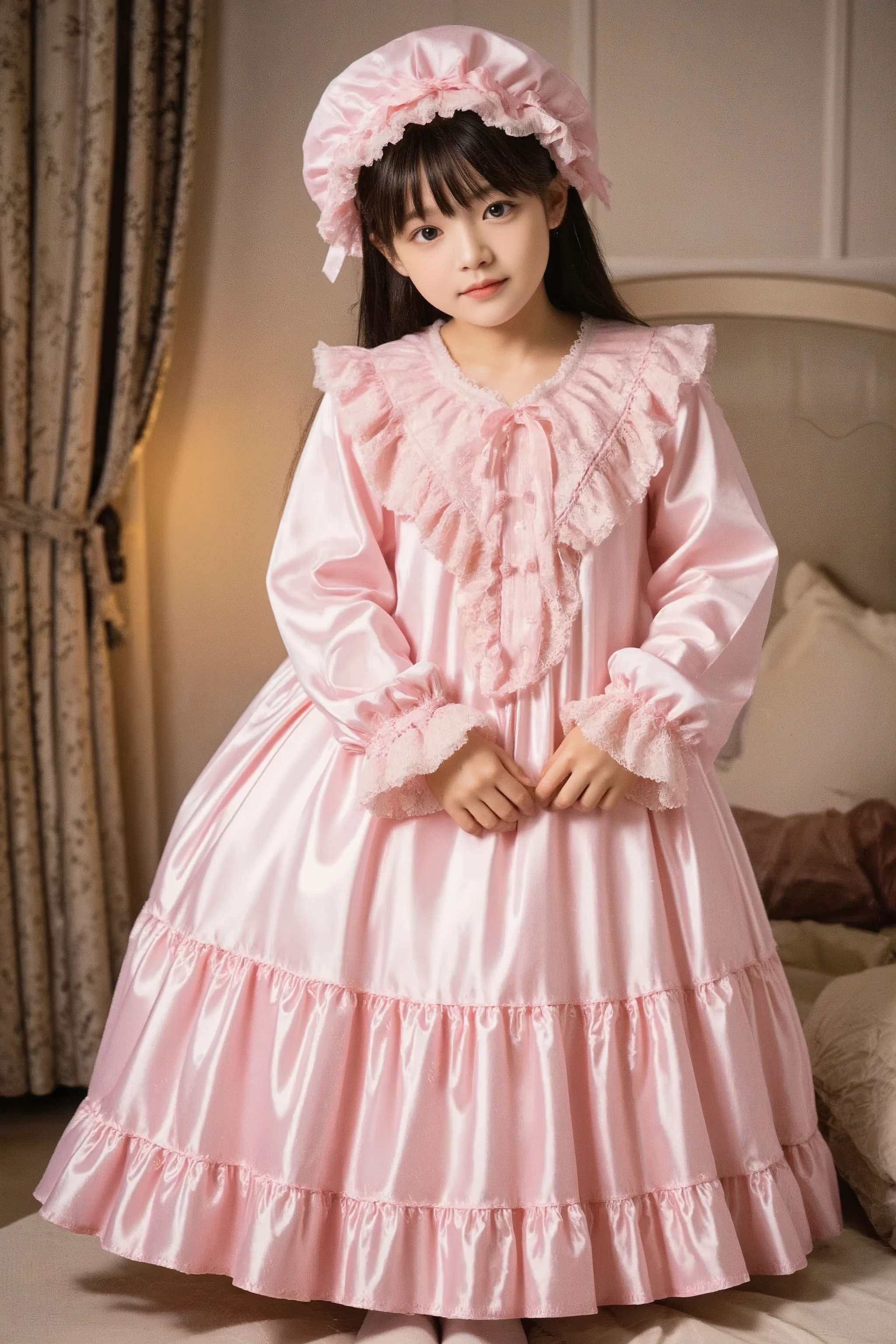 high quality,Super Detailed,3k photos,get used to it,girl in pink nightgown,long sleeve,long skirt,pink ruffle round hat,full body, (( 10 year old Japanese girl,Short Height,solo)),super fine young face,,lovely smile,baby-like face,is short,,(((straight long hair))),,(((hot pink silk satin nightgown with lots of ruffles and bows,1920s style Victorian nightgown:1.2))),soft luster silk satin fabric,((ruffle mob cap with ribbon)),((Detailed Yoke Color with Ruffles and Ribbons,detailed ruffle placket:1.0)),((long sleeve,puff sleeve with ribbon,Ruffle sleeves)),((足首までのフリルlong skirt:1.0)),((the whole body is shown)),, white ruffle socks,anatomically correct hands,looking at the camera,