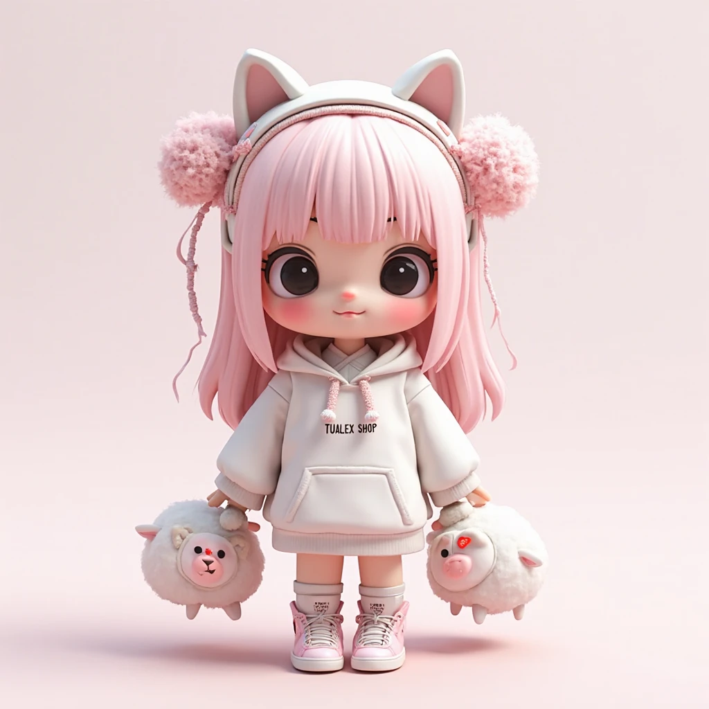  (full body);Create a series of cute black afro dolls chibi style afro skin; cyberpunk style; 3d; cute; 3d toy art; toy art; anime style; glitter; color pink; color white;  details; cyberpunk details; robot limbs; wavy and curly hair; eyes must be large and apathetic, with long eyelashes and slightly pinkish cheeks; mechanical  eared headset; use all of the colors listed: pink, white, green, yellow, and orange; oversized cyberpunk hoodie; robot bunnies; mechanical boots; 3d toy art; toy art; anime style; glitter;