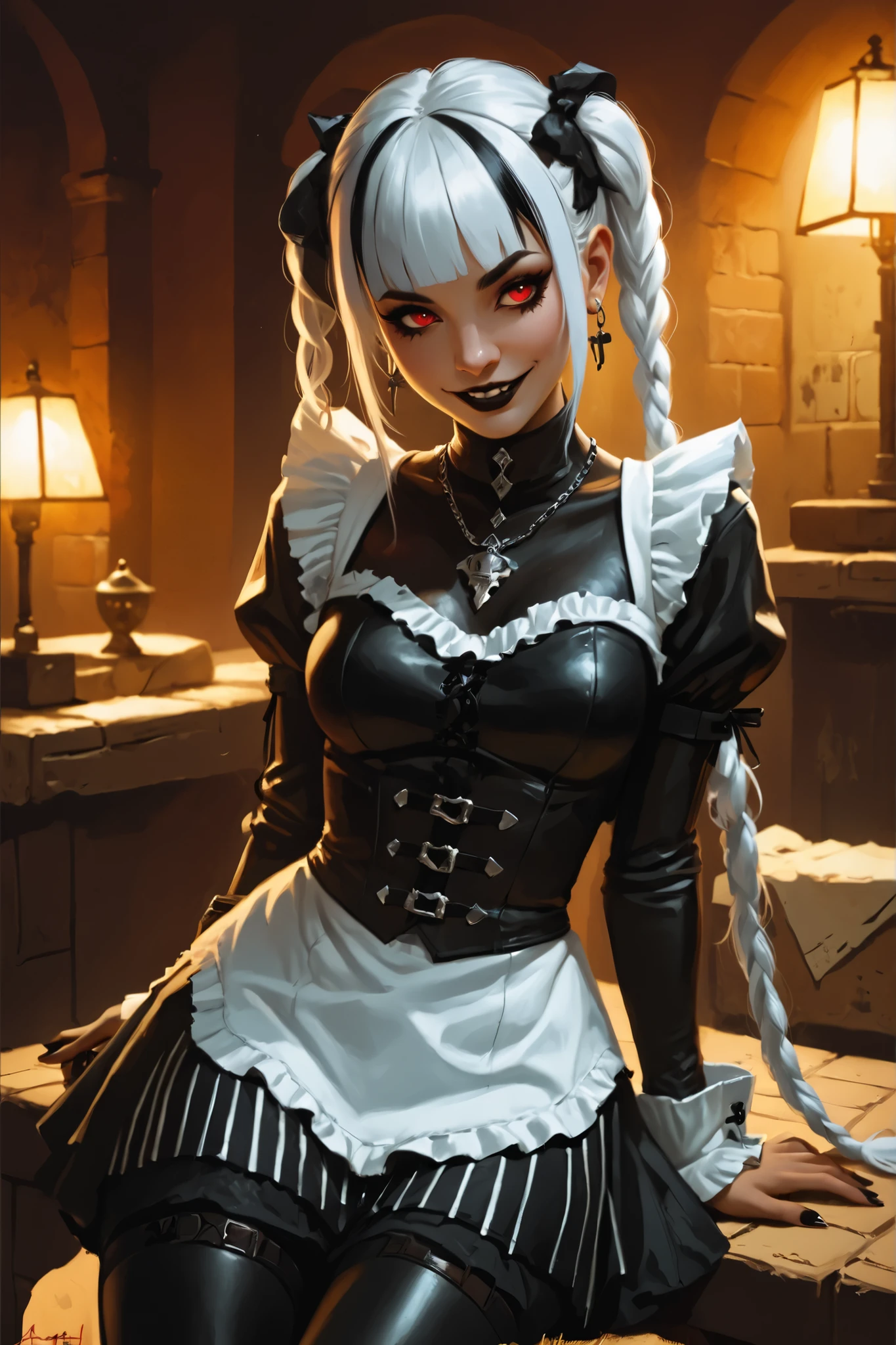 Drawn like the artist Bob Kehl. Goth girl. Albino skin. White skin. Rebecca from Cyberpunk Edgerunners with white and dark hair, deep red-coloured eyes, slanted Asian eyes, black eyeliner, with sharp teeth, athletic body and abs. Slender and athletic. Cute, round and young face. White highlights in her hair. She wears old black snake-leather clothing with snakeskin-texture. She also wears an amber necklace. She has small breasts. She smiles awkward-ly. Atmospheric lighting. She looks like Wednesday Adams. Box-art. DnD-art-style, oil painting. Looking at the viewer. Background: Spanish medieval town