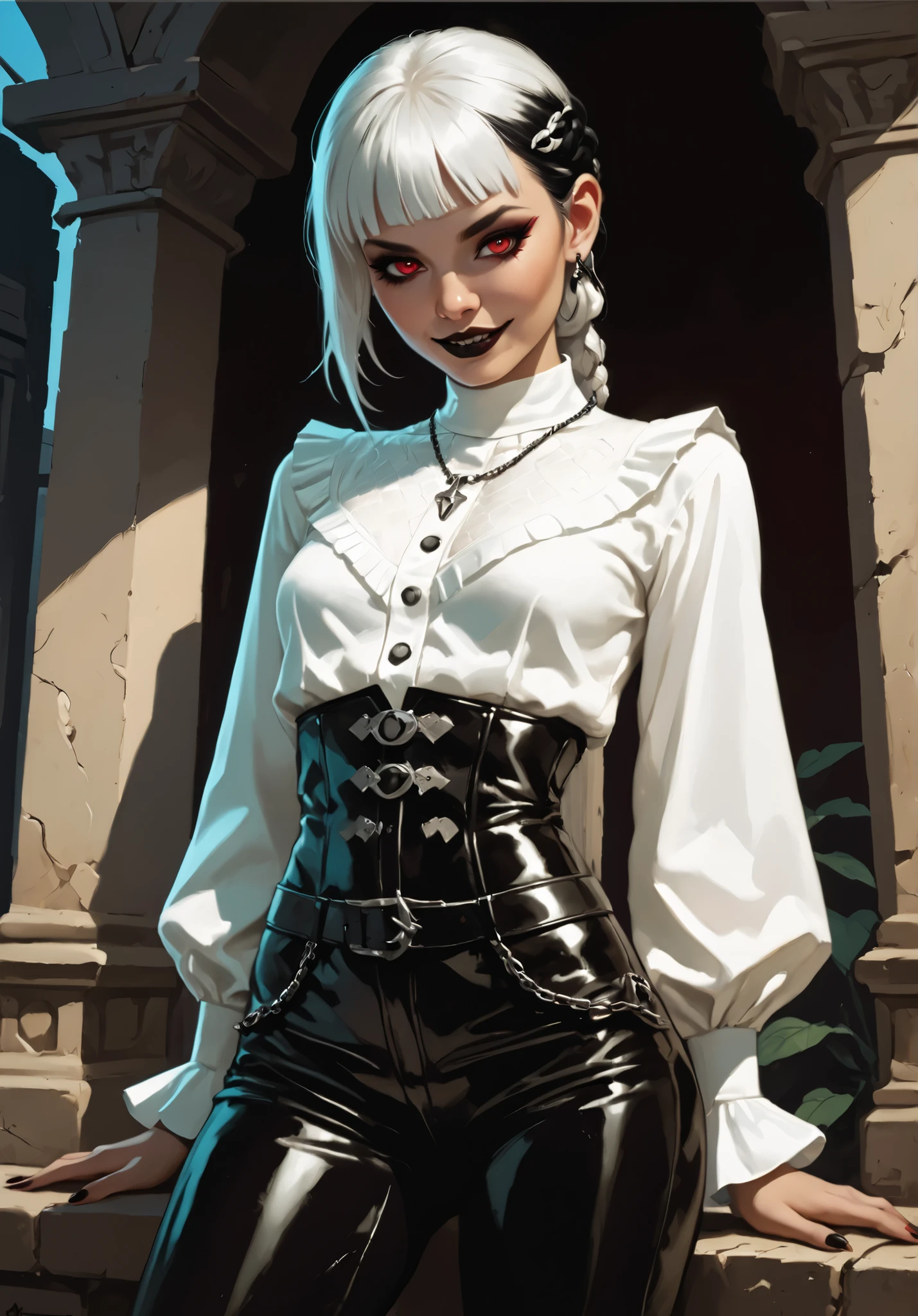 Drawn like the artist Bob Kehl. Goth girl. Albino skin. White skin. Rebecca from Cyberpunk Edgerunners with white and dark hair, deep red-coloured eyes, slanted Asian eyes, black eyeliner, with sharp teeth, athletic body and abs. Slender and athletic. Cute, round and young face. White highlights in her hair. She wears old black snake-leather clothing with snakeskin-texture. She also wears an amber necklace. She has small . She smiles awkward-ly. Atmospheric lighting. She looks like Wednesday Adams. Box-art. DnD-art-style, oil painting. Looking at the viewer. Background: Spanish medieval town