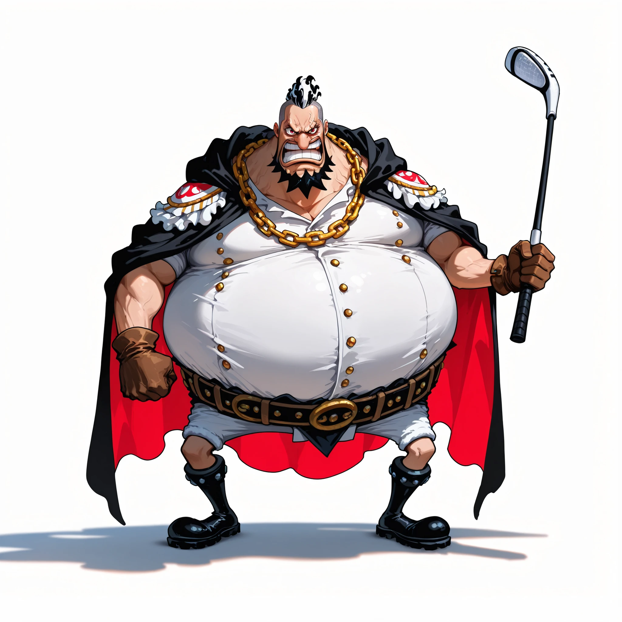 (male), (old man), (giant body), (extremely fat body), (short legs), (buzzcut), (big eyes), (red eyes), (big nose), ( white chin beard), (angry man), (angry face), (solo), (single character), (full body version), (white background), (no background), (highly detailed), (shadow), (natural light), (detailed outfit), (detailed hand), (detailed face), (detailed hair)
Wearing a white Marine commander cloak draped over the shoulders, leather gloves, chain necklace, wide trousers, tall marine boots, Holding one Golf club, (One piece style art)