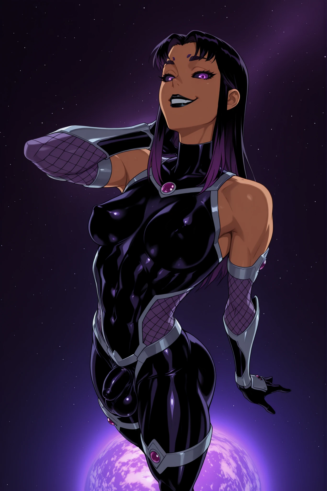 IllusN3g, (frontal above view),dark_art_style,(masterpiece,best quality,ultra_detailed,highres,absurdres:1.2,amazing quality,very aesthetic),source_cartoon,(armored black and purple taimanin_bodysuit),above view,futanari, slim shoulders, medium breasts, flaccid veiny penis on testicles, (covered penis and testicles:1.4), (veiny penis on testicle crotch bulge:1.2), regular sized head, blackfire from dc, soft facial features , 1girl, young, solo, long hair, (purple eyes with black sclera:1.3) , black hair , purple highlights in hair,, thigh boots, bracer, fit, abs, black lipstick, purple jewels,(very thick muscular thighs:1), (floating pose), exposed midrif, fishnet breasts,(floating in space above earth), hand on crotch, hand on neck, looking at viewer, small eye brows, smug, arched back pose