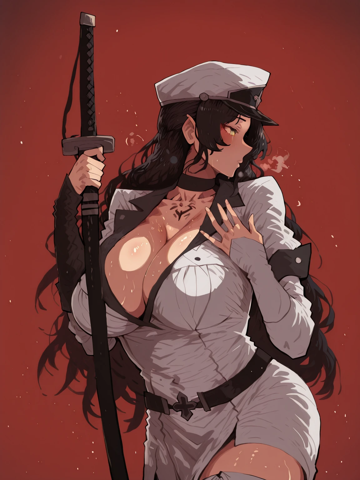 (boris_(noborhys)-style:1.4), (kaamin_(mariarose753)-style:1.2), (cervina7-style:1.4), (osiimi-style:1.2), anime coloring, anime screencap, anime-style detailed background, vignetting, masterpiece, high quality, absurdres, best quality, very aesthetic, newest, dynamic composition, anatomical correct, HD, 4K, digital art, trending on ArtStation, perfect body, perfect eyes, perfect fingers, gasping, heavy breathing, excessive sweating, sweating, sweating profusely, gasping profusely, cinematic, ((skindentation)), ((curvy)), dominique de sade, long hair, black hair, curtained hair, yellow eyes, black pupils, plump, (mature female:1.5), (voluptuous:1.5), 1girl, weapon, solo, sword, red_background, katana, holding_weapon, holding, simple_background, sheath, holding_sword, profile, from_side, sheathed, looking_at_viewer, (black aura), (grey aura), (aura:1.2), cleavage, collarbone, tattoo, chest tattoo, hat, white headwear, peaked cap, military hat, long sleeves, gloves, dress, short sleeves, choker, belt, elbow gloves, white dress, uniform, black choker, military, military uniform, thighhighs, boots, white thighhighs, zettai ryouiki, thigh boots, white footwear, katana,