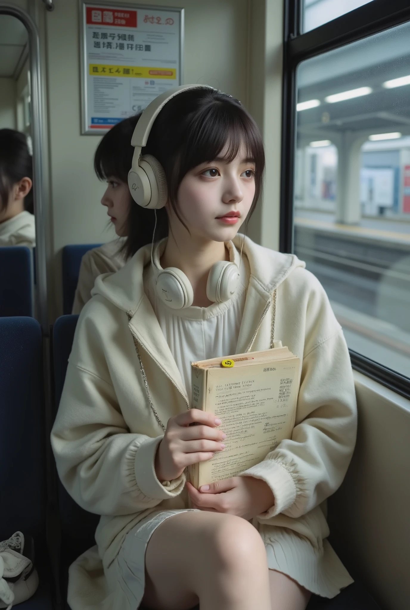 (((best quality))),(((ultra detailed))),(((masterpiece))),realistic,A girl, 20 years old, with short black tea hair and upturned tails, messy bangs sticking to her forehead, blackheads wearing headphones wrapped around her neck to hide her clothes and hat, the hoodie hat hanging on her shoulder with a white high collar and pleats, holding an old poetry collection corner roll and fluorescent tag in her right hand, inserting a work clothes pocket and ankle chain in her left hand to echo her white shoes, her side face soft, long eyelashes projected, mouth corners like a smile, the sunlight slanting down on her hair tips and shoulders clear, the subway leaning against the window seat, the dark tunnel platform outside the window with white light flashing bright spots, the surrounding environment blurred, neighbors brushing their phones, armrests, canvas bags, and carriage billboards, the girl is separated by headphones in a small world, the air is slow, becoming a quiet footnote to the noisy city