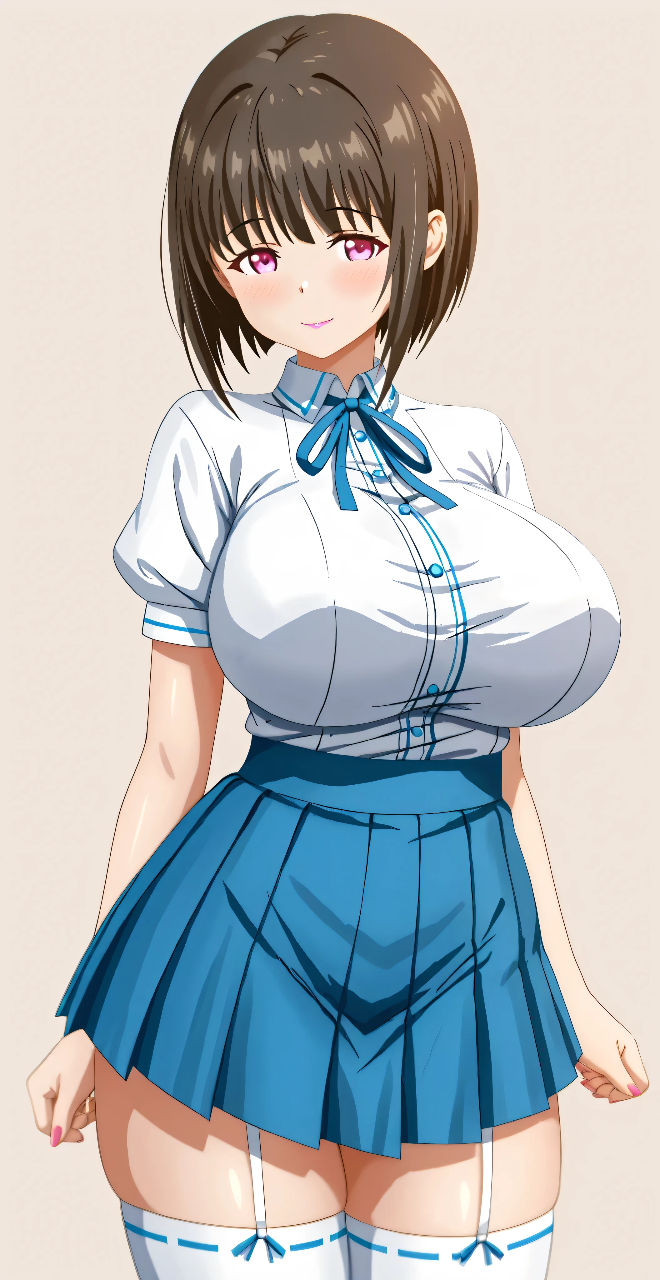 perfect anatomy. maximum resolution. Photo RAW. 8K. (simple background:1.5),The best image quality. solo girl, Chikan Shita, brown Bob hair, PINK eyes, beautiful, VERY WELL DETAILED, pink lipstick, flirty and friendly expression, big boobs, white shirt, short puffed sleeves, garters and white tights, navy blue pleated miniskirt with black lace ruffles,  thighs),(huge breasts),(from the front),(light smile,vulgarity face),(cowboy shot:1.2),(Standing:1.5),(from the front:1.2),looking at the spectator,glowing skin focus (((Miko Art Style)))