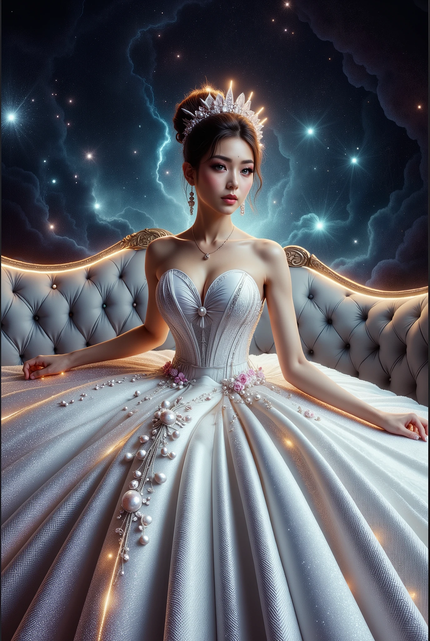 A beautiful Asian idol girl with white skin, douyin-style makeup face, eyelashes, With fake giant breasts, blue eyes, wearing a tight strapless dress that presses the breasts, with a sexy and slim body, a small waist, glass effect on the dress, sitting in space, UHD, luxurious dress, a dress decorated with pearls, diamonds, jewels, and flowers, a dress emitting light, the most elegant and extraordinary dress, a fantasy dress, a beautiful digital artwork, a beautiful fantasy empress, wearing a strapless dress made of beads and carbon fiber, a photo with very sharp details, the best quality: 1.2),, (8k, high resolution, RAW photo, realistic, photo-realistic: 1.3), (detailed skin texture, detailed fabric texture, detailed element texture, exquisite detailed face: 1.25), professional lighting, photon mapping, beautiful soft light, radiosity, physically based rendering, raytracing, model shooting style, model shooting style, (highly detailed 8k unity CG Wallpaper), the most beautiful artwork in the world. (Body Navel) (chest push up)