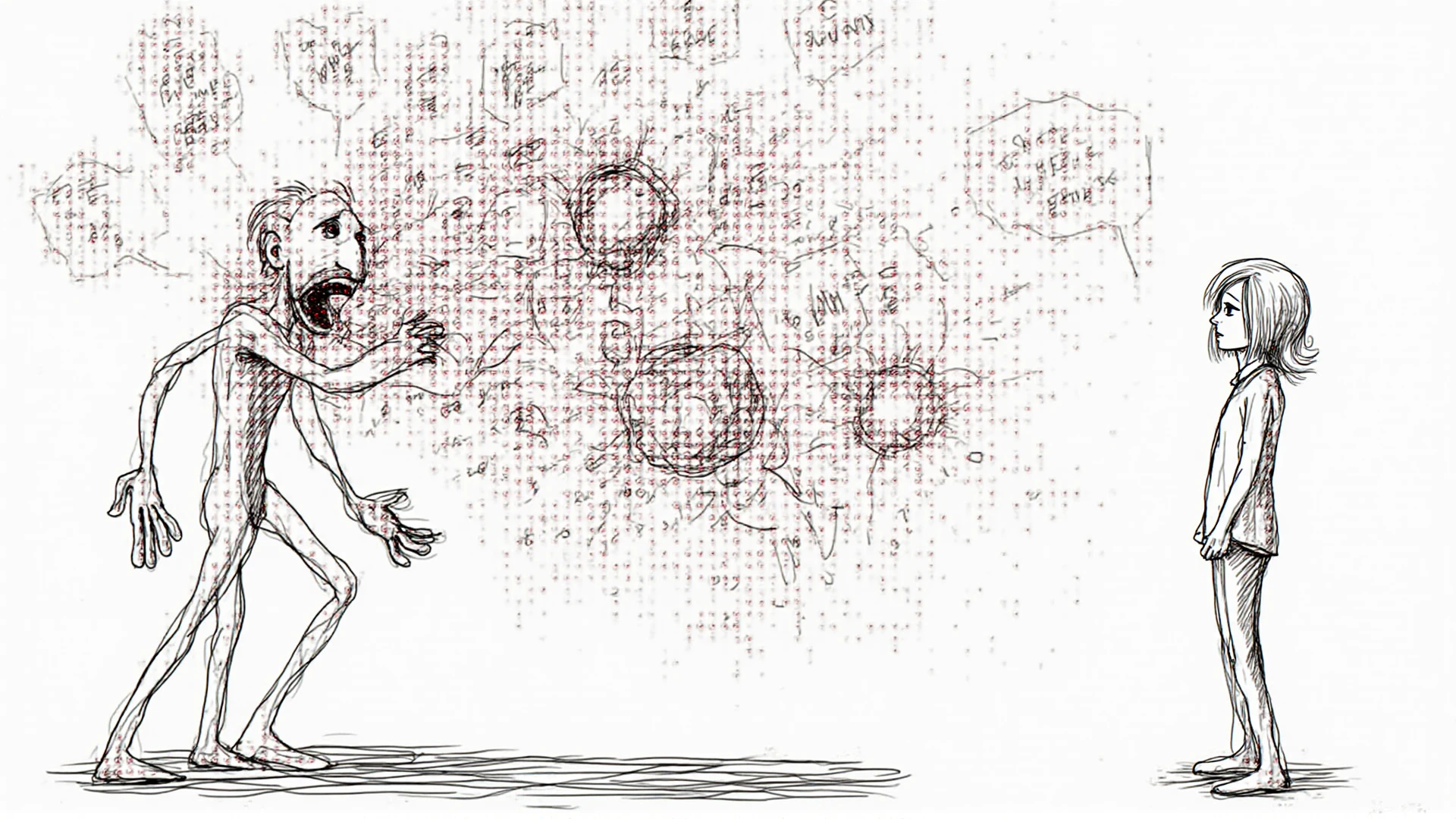 Stick-man talking frantically with speech bubbles overflowing - SeaArt AI