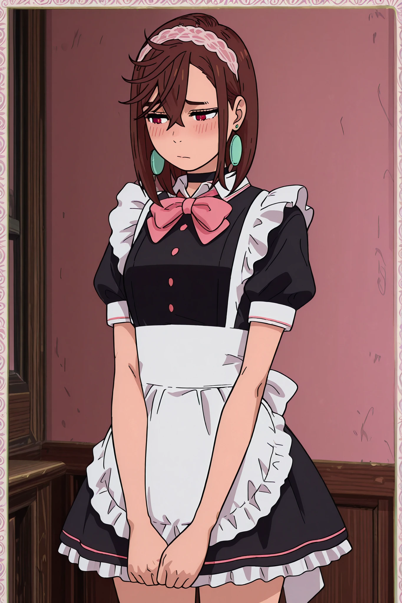 masterpiece,high quality,1girl,solo, asymmetrical bangs, hair between eyes, medium hair, brown hair, red eyes, earrings, black choker, anime screencap, anime screenshot, anime coloring, maid outfit, short frilly skirt with white apron, puff sleeves, dark navy dress, large pink ribbon bow tie, lace headband, cute maid café uniform, detailed fabric, shy, blush, (background : vignette border)