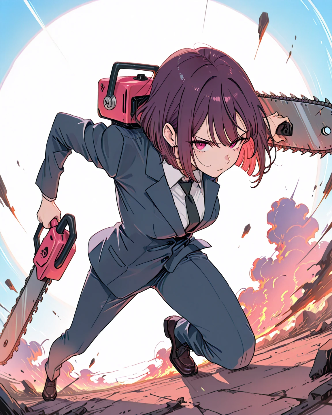 1girl, female focus, boku no hero academia, masterpiece, best quality, very aesthetic, , gray jacket, red tie, white shirt, teal skirt, gray tights, boots, long wavy hair, soft pink hair, deep pink eyes, cute, smile, black horns, beautiful, sunset