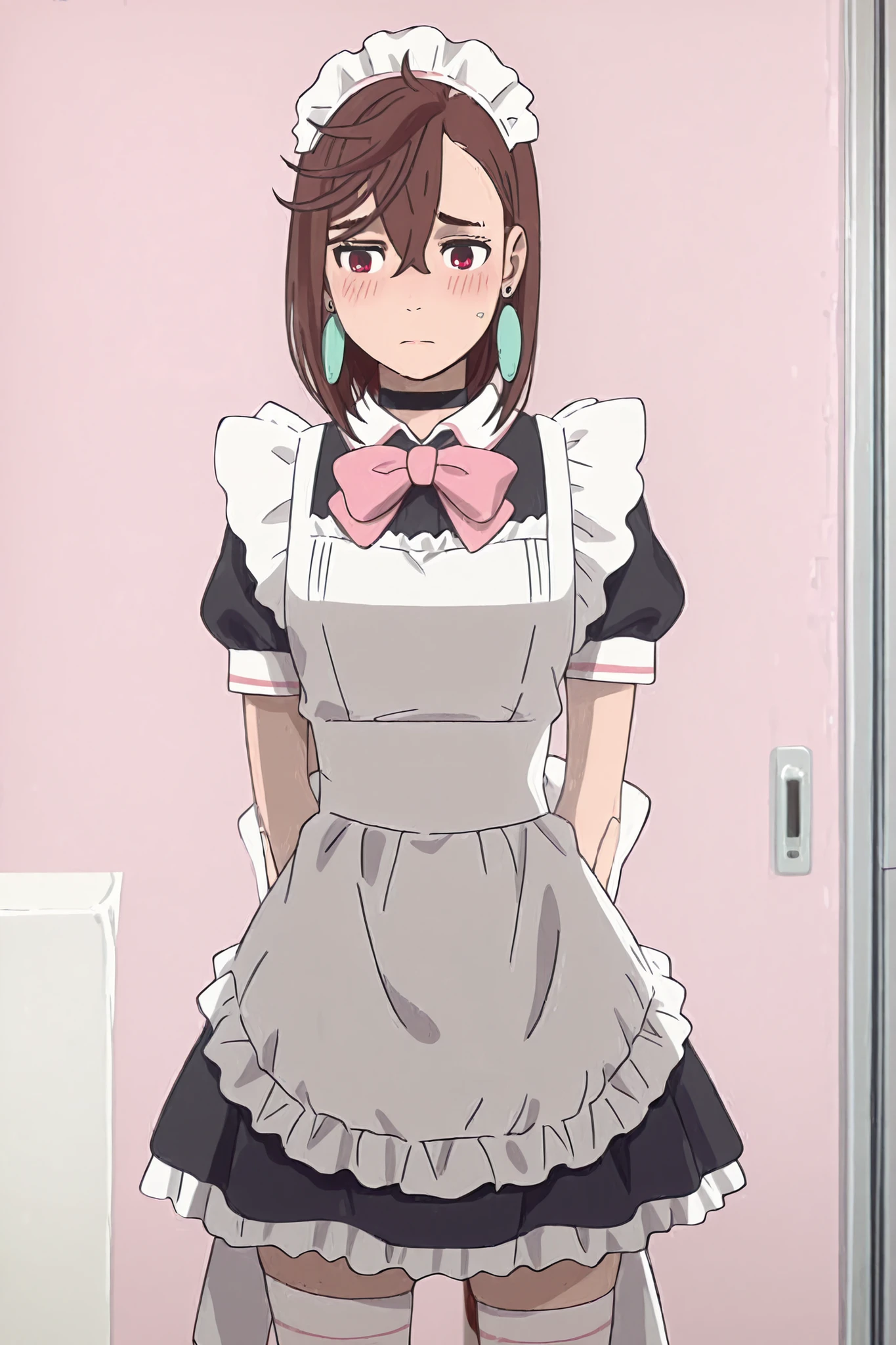 masterpiece,high quality,1girl,solo, asymmetrical bangs, hair between eyes, medium hair, brown hair, red eyes, earrings, black choker, anime screencap, anime screenshot, anime coloring, maid outfit, short frilly skirt with white apron, puff sleeves, dark navy dress, large pink ribbon bow tie, maid headdress, cute maid café uniform, detailed fabric, shy, blush, (background : vignette border)