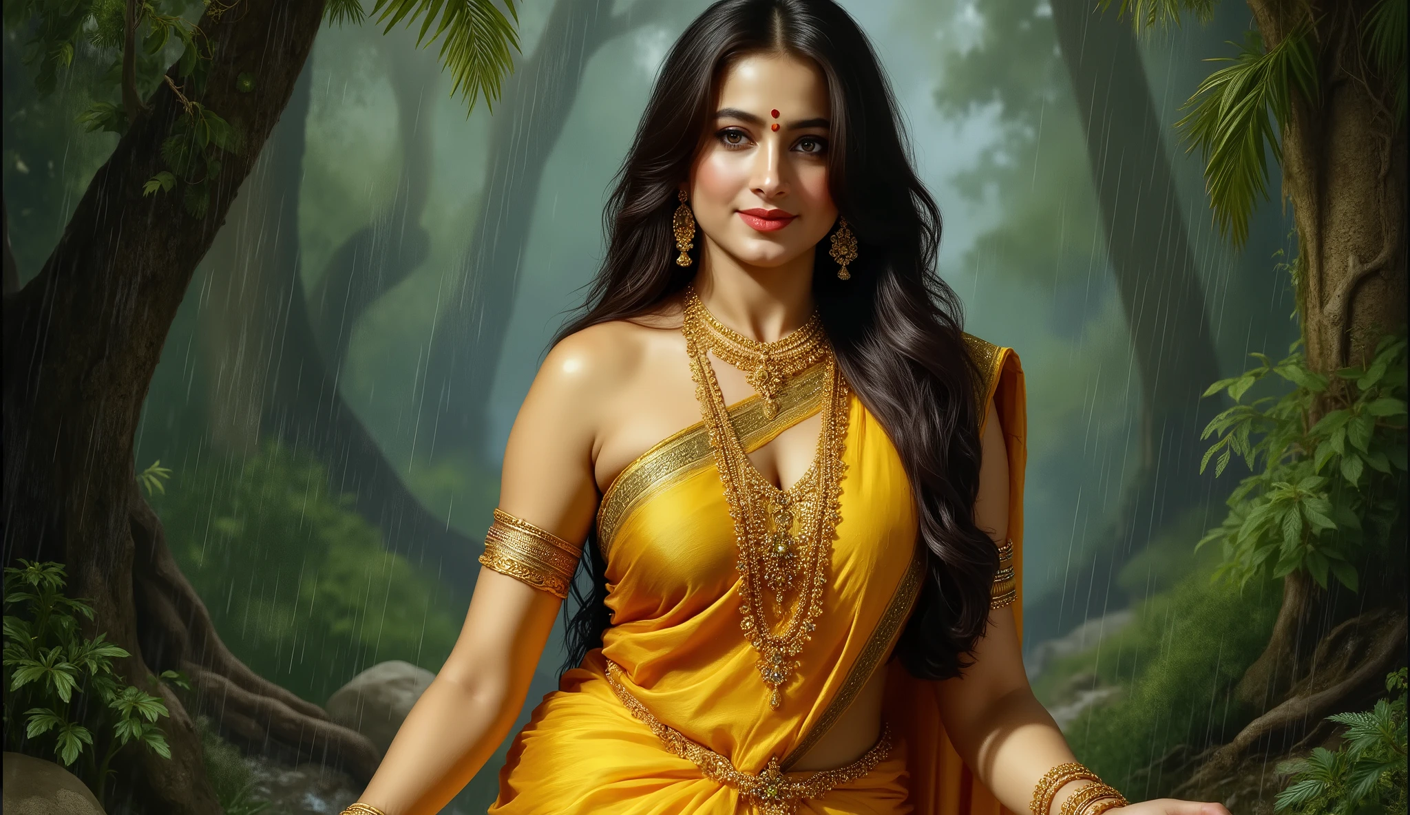 Full hd elegant picture of princess wearing wet saree and wet half sleeves blouse walking in heavy rain in the scary forest full picture colourfull 3d background 
