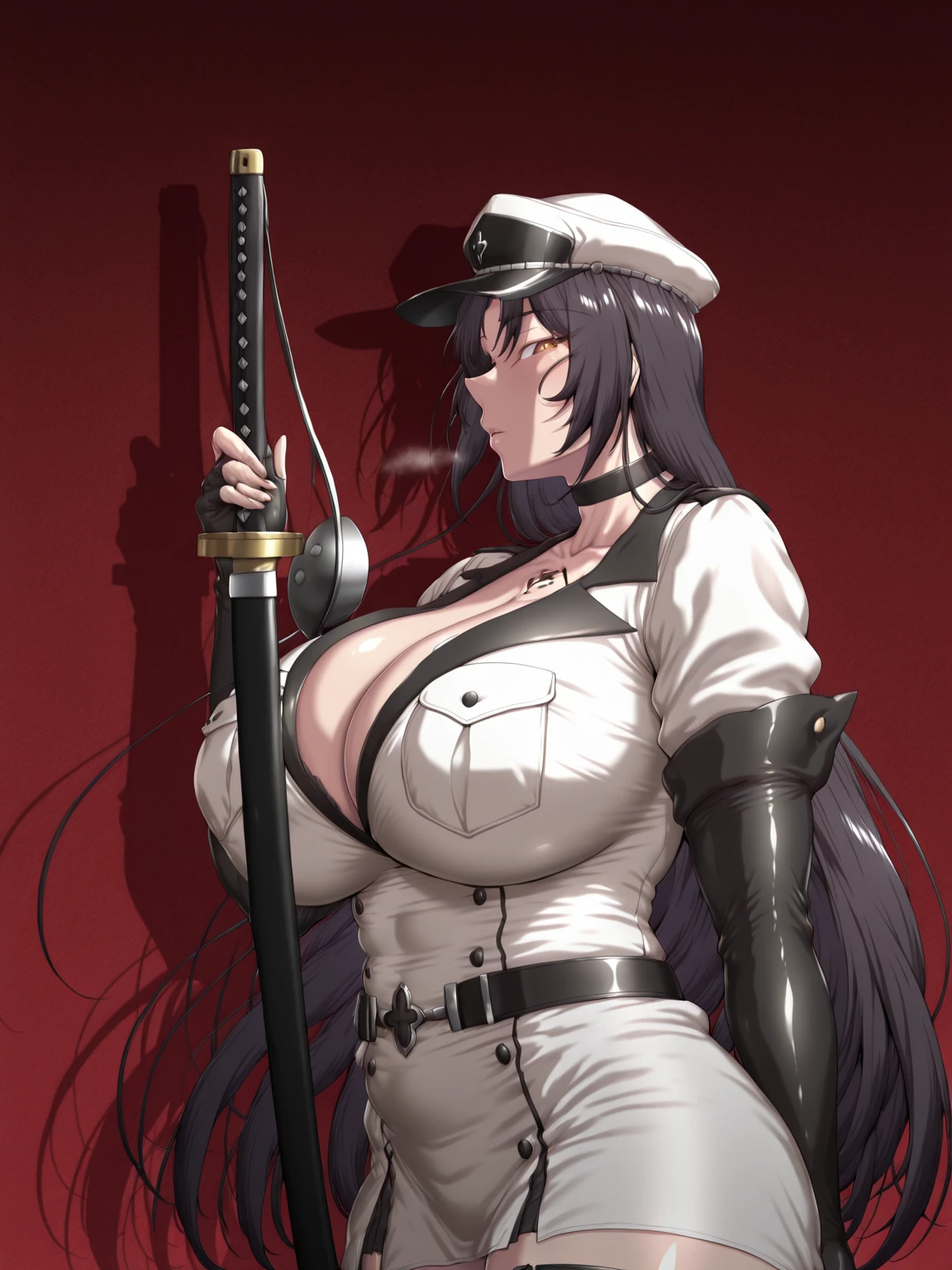 Ssp, (cervina7-style:1.4), (zonda_(solid_air)-style:1.2), (shiroshisu-style:1.4), (osiimi-style:1.2)), ((anatomical correct)), ((Cinematic, unreal engine, eye-catching, ambient occlusion, UHD, masterpiece)), ((perfect lighting, soft shadow)), perfect body, perfect eyes, perfect fingers, gasping, heavy breathing, gasping profusely, ((curvy)), dominique de sade, long hair, black hair, curtained hair, yellow eyes, black pupils, plump, athletic body, (voluptuous:1.5), (mature female:1.5), ((vignetting)), 1girl, weapon, solo, sword, red_background, katana, holding_weapon, holding, simple_background, sheath, holding_sword, profile, from_side, sheathed, looking_at_viewer, (black aura), (grey aura), (aura:1.2), cleavage, collarbone, tattoo, chest tattoo, hat, white headwear, peaked cap, military hat, long sleeves, gloves, dress, short sleeves, choker, belt, elbow gloves, white dress, uniform, black choker, military, military uniform, thighhighs, boots, white thighhighs, zettai ryouiki, thigh boots, white footwear, katana,