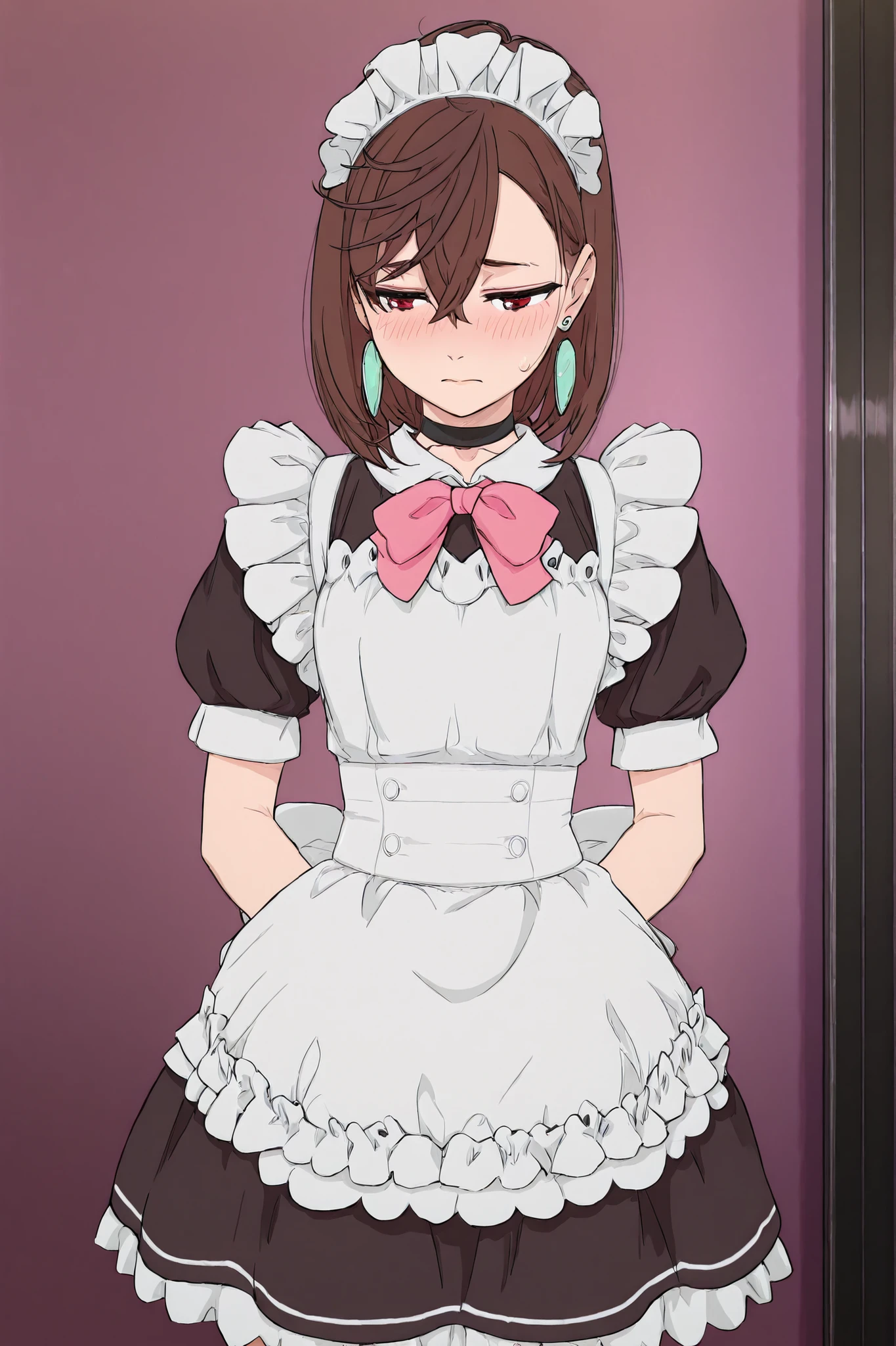 masterpiece,high quality,1girl,solo, asymmetrical bangs, hair between eyes, medium hair, brown hair, red eyes, earrings, black choker, anime screencap, anime screenshot, anime coloring, maid outfit, short frilly skirt with white apron, puff sleeves, dark navy dress, large pink ribbon bow tie, maid headdress, cute maid café uniform, detailed fabric, shy, blush, (background : vignette border)