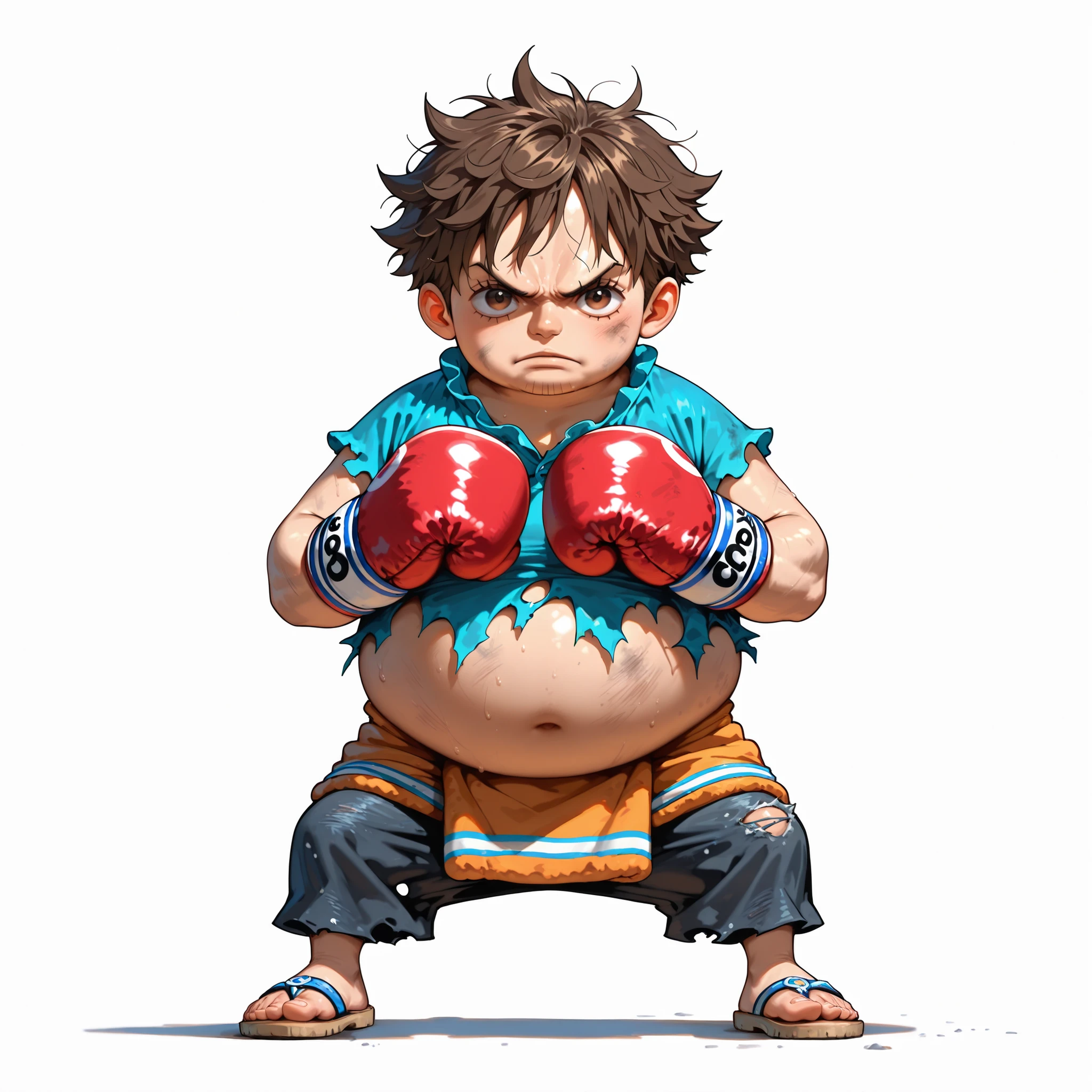 (male), (child boy), (slim body), (brown eyes), (brown hair), (short messy hair), (solo), (single character), (full body version), (white background), (no background), (highly detailed), (shadow), (natural light), (detailed outfit), (detailed hand), (detailed face), (detailed hair)
Wearing poor shabby clothes with torn shirt and loose pants, old sandals, boxing gloves on both hands, standing in a determined boxing stance, showing hardworking village street boy vibes. (One piece style art), very fat body, Giant body
