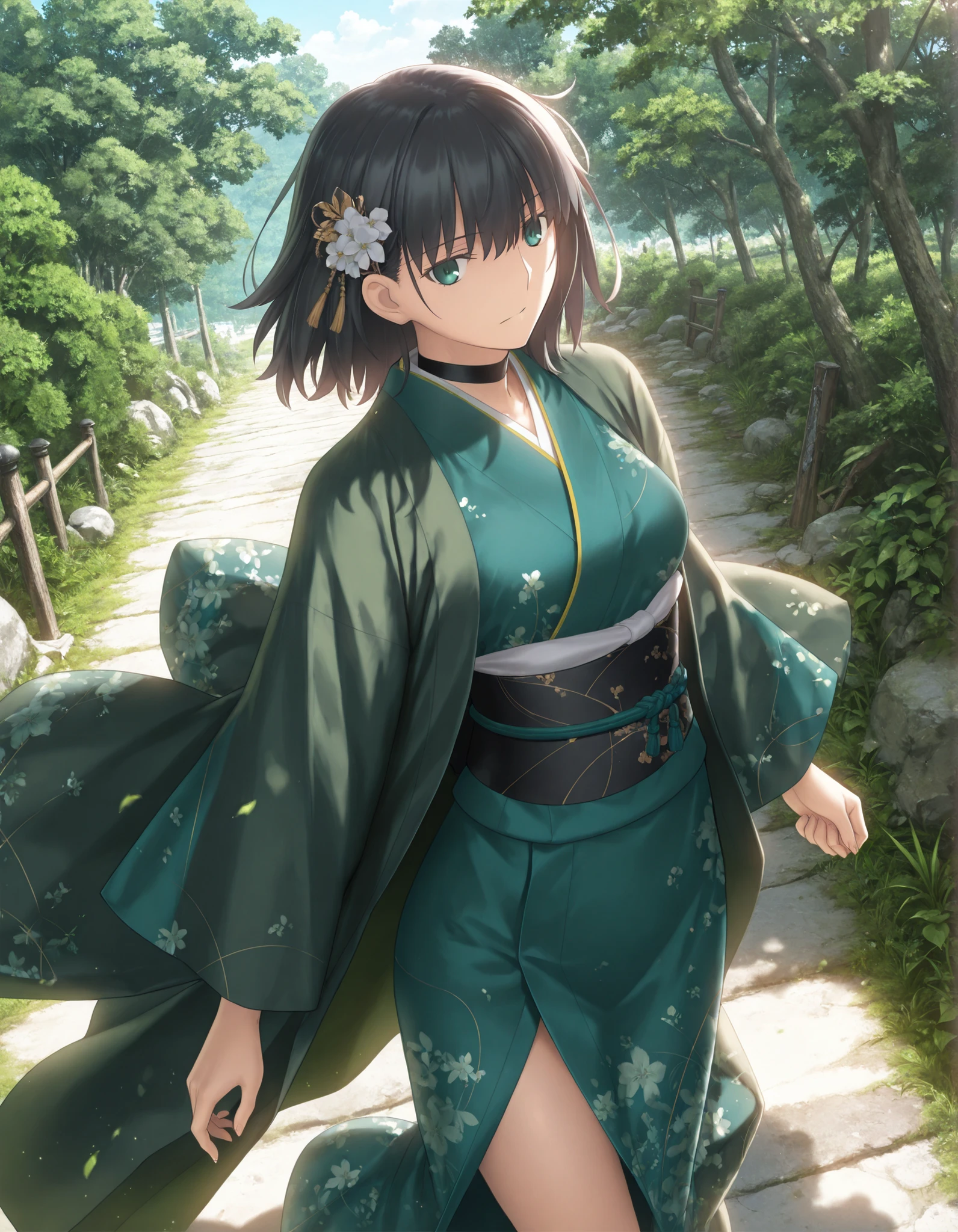 masterpiece, , absurdres, highres, detailed background, high resolution, masterpiece, necessary, detail, best quality, quality, necessary, details, High details, Precise, , outdoor, dynamic angle ,from above ,, ,
1girl, (type-moon,) style, Takeuchi Takashi style, (aged up:1.5) ,() ,head tilt , one thigh ,(), (),
tall girl, 1girl ,solo ,(slim body, ),(wolf cut hair), medium hair, blue green eyes, jitome, black hair, hair ornament, break, dark green haori, (green kimono), ,looking at viewer, ,(small ), ((detailed background)) ,