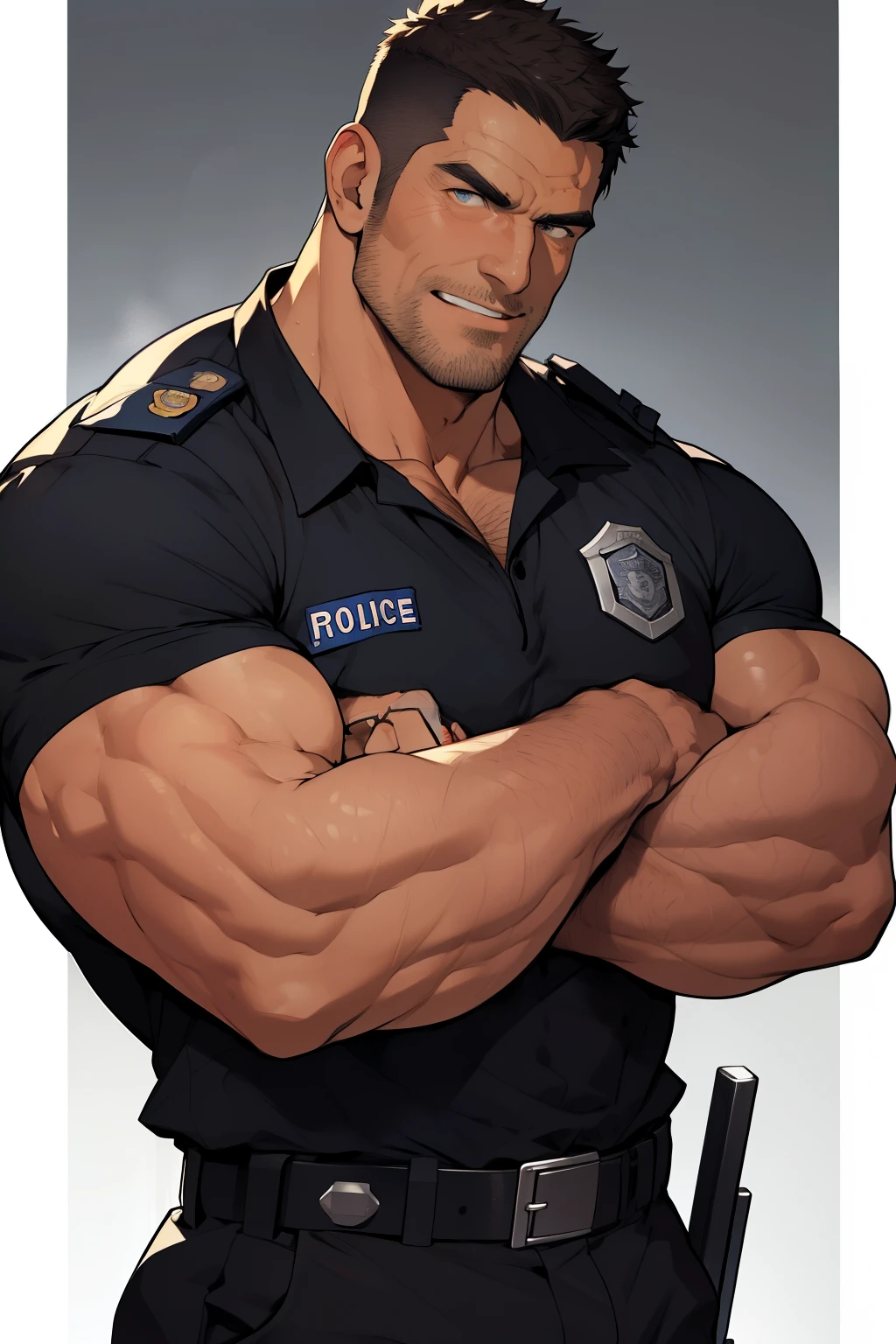 1man, masterpiece, best quality, cartoon of a matured rugged middle aged policeman/cop crossing his arms, wearing police uniform, muscular character, muscular male, beefcake pose, muscular!, muscular!!, mid-shot of a hunky, commission, high res, muscular!, uniform, super buff, closeup, short hair, sidecut!!, very buff, muscular!!!, buff man, muscular characters, muscular! heroic look, proud grin, detailed eyes, short, black hair, stubble beard, ressemblance of Chris Redfield mixed with Christopher Meloni