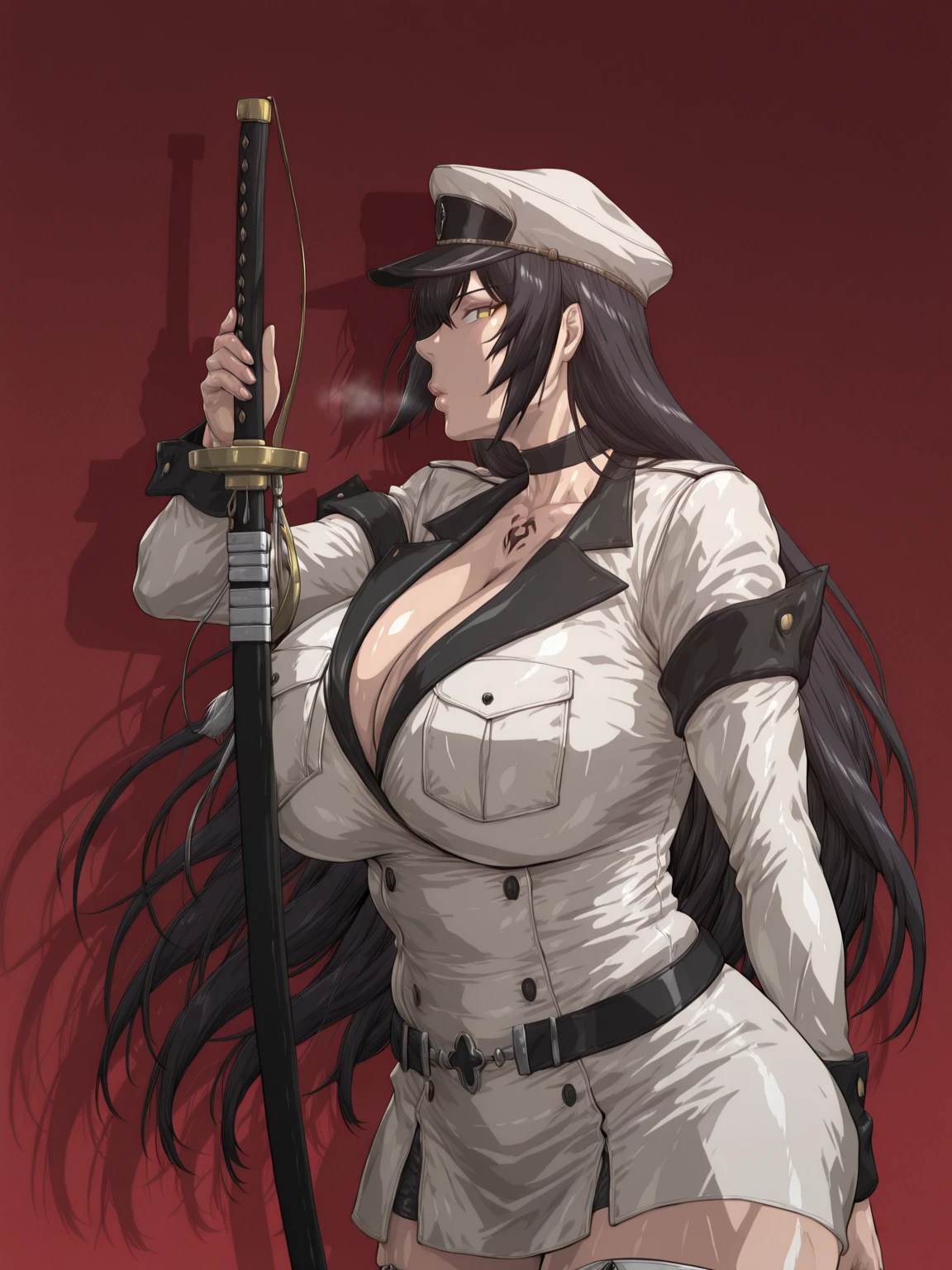 Ssp, (cervina7-style:1.4), (cirenk-style:1.2), (shiroshisu-style:1.4), (osiimi-style:1.2), (jeneral-style:1.2), ((anatomical correct)), ((Cinematic, unreal engine, eye-catching, ambient occlusion, UHD, masterpiece)), ((perfect lighting, soft shadow)), perfect body, perfect eyes, perfect fingers, gasping, heavy breathing, gasping profusely, ((curvy)), dominique de sade, long hair, black hair, curtained hair, yellow eyes, black pupils, plump, athletic body, (voluptuous:1.5), (mature female:1.5), ((vignetting)), 1girl, weapon, solo, sword, red_background, katana, holding_weapon, holding, simple_background, sheath, holding_sword, profile, from_side, sheathed, looking_at_viewer, (black aura), (grey aura), (aura:1.2), cleavage, collarbone, tattoo, chest tattoo, hat, white headwear, peaked cap, military hat, long sleeves, gloves, dress, short sleeves, choker, belt, elbow gloves, white dress, uniform, black choker, military, military uniform, thighhighs, boots, white thighhighs, zettai ryouiki, thigh boots, white footwear, katana,