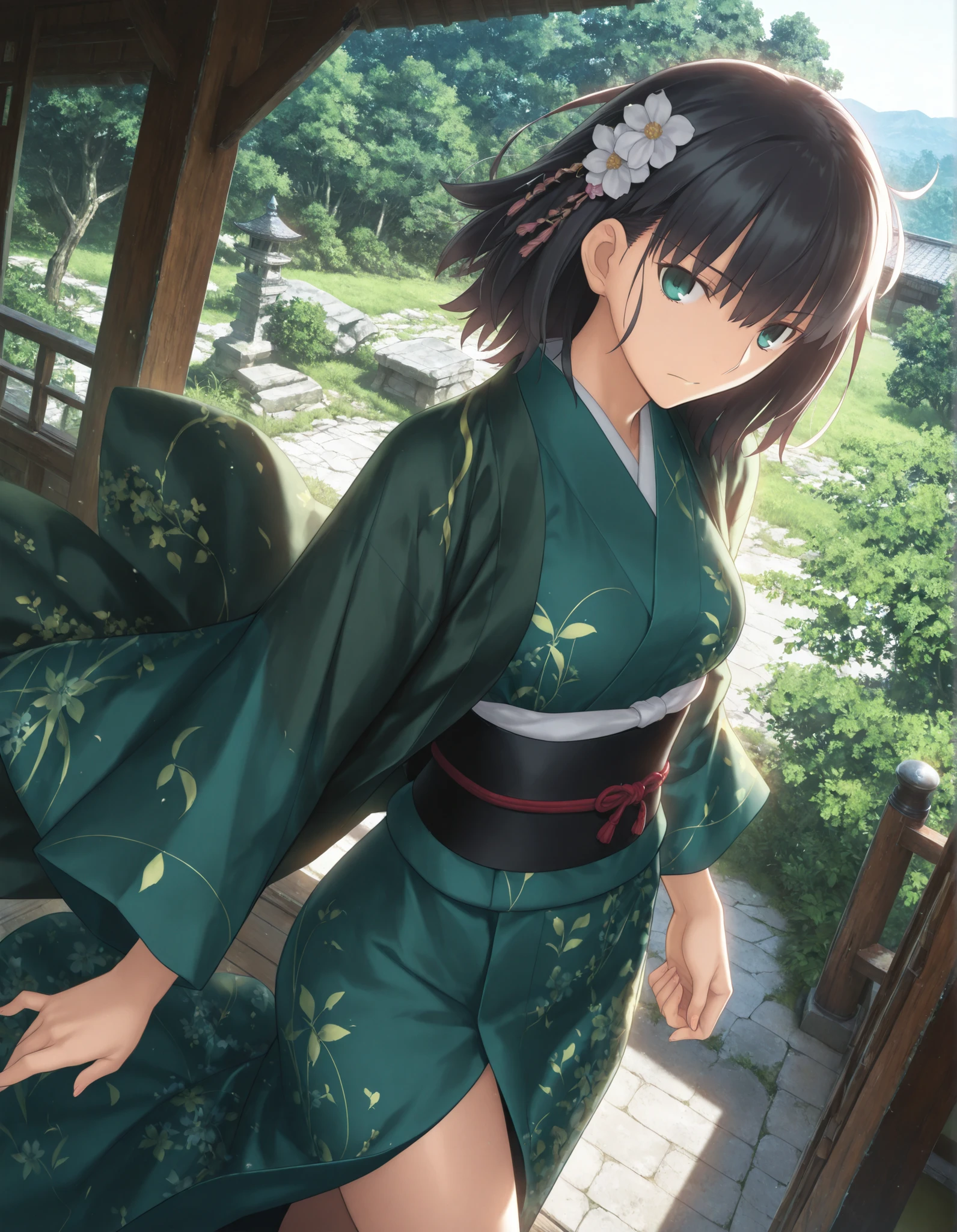 masterpiece, , absurdres, highres, detailed background, high resolution, masterpiece, necessary, detail, best quality, quality, necessary, details, High details, Precise, , outdoor, dynamic angle ,from above ,, ,
1girl, (type-moon,) style, Takeuchi Takashi style, (aged up:1.5) ,() ,head tilt , one thigh ,(), (),
tall girl, 1girl ,solo ,(slim body, ),(wolf cut hair), medium hair, blue green eyes, jitome, black hair, hair ornament, break, dark green haori, (green kimono), ,looking at viewer, ,(small ), ((detailed background)) ,