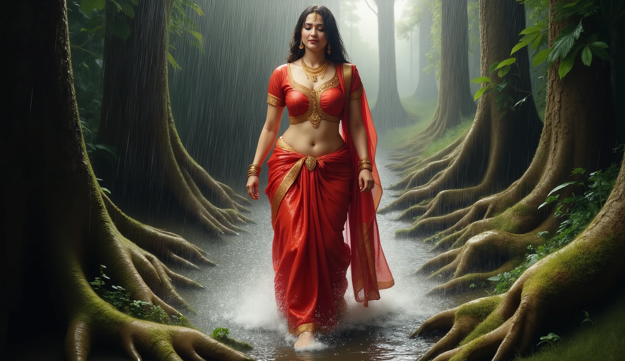 Full hd elegant picture of princess wearing wet red saree and wet half sleeves red blouse walking in heavy rain in the scary forest full picture 3d art view full picture