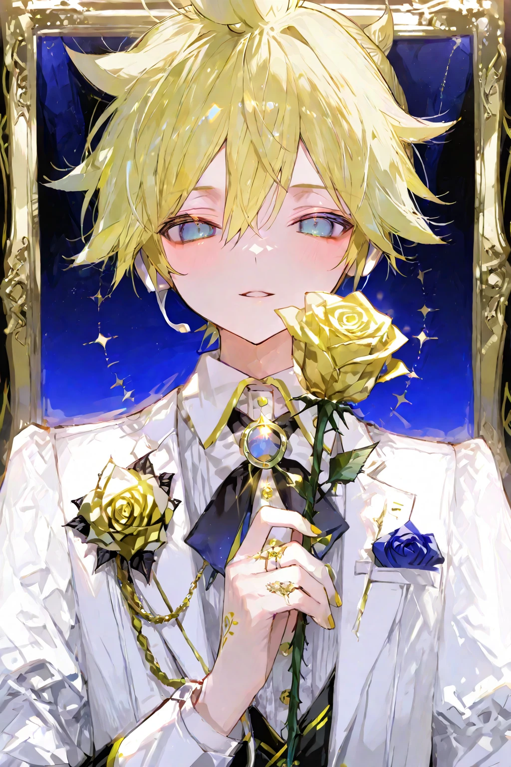 absurdres, highres, ultra detailed, HDR, master piece, best quality, Genjo Sanzo, blonde hair, expressive purple eyes, saiyuki, solo, sexy man, handsome, toned chest, white coat, black tight shirt, purple butterflies, petals, purple flowers, magical, fantasy, glittering, purple background 