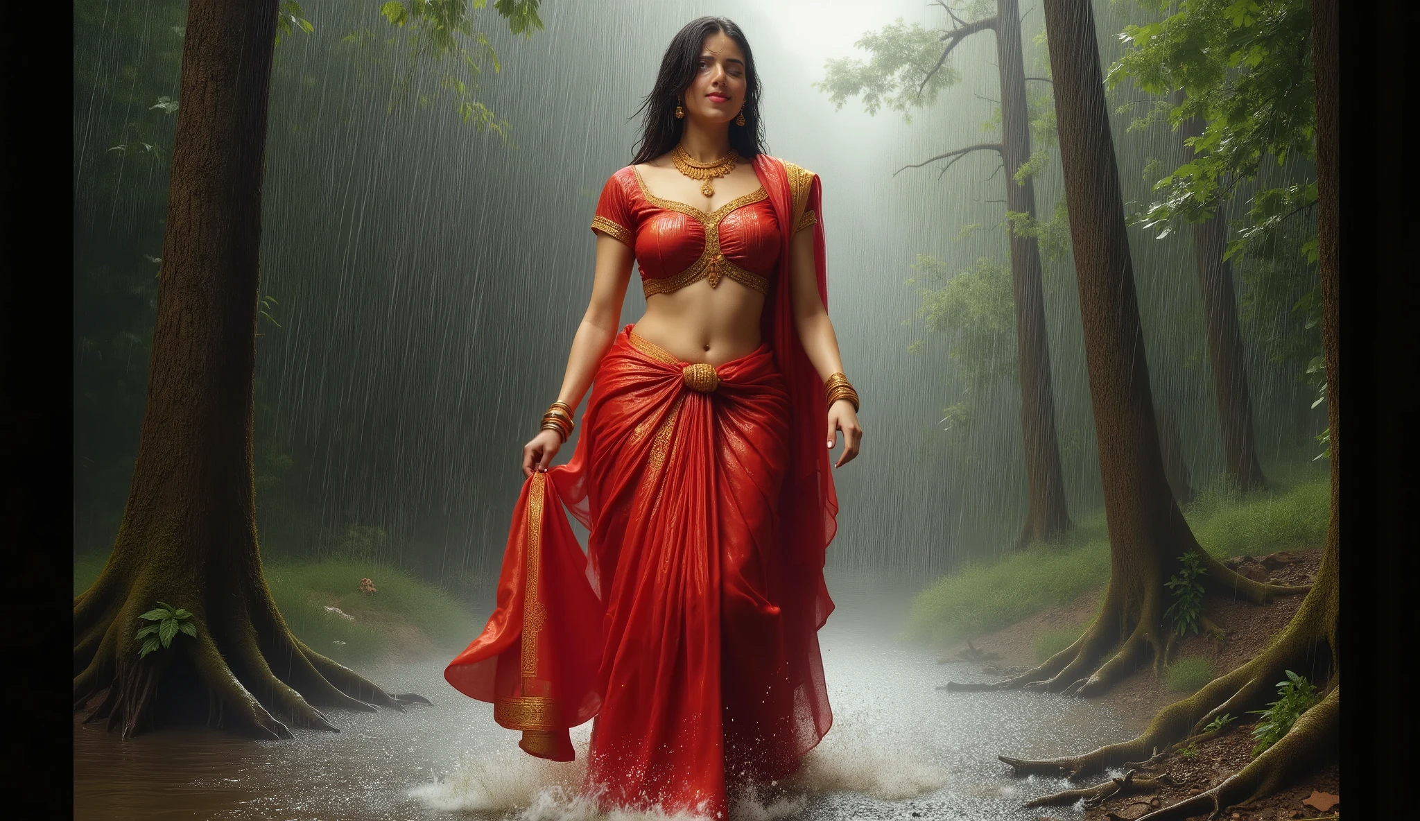 Full hd elegant picture of princess wearing wet red saree and wet half sleeves red blouse walking in heavy rain in the scary forest full picture 3d art view full picture