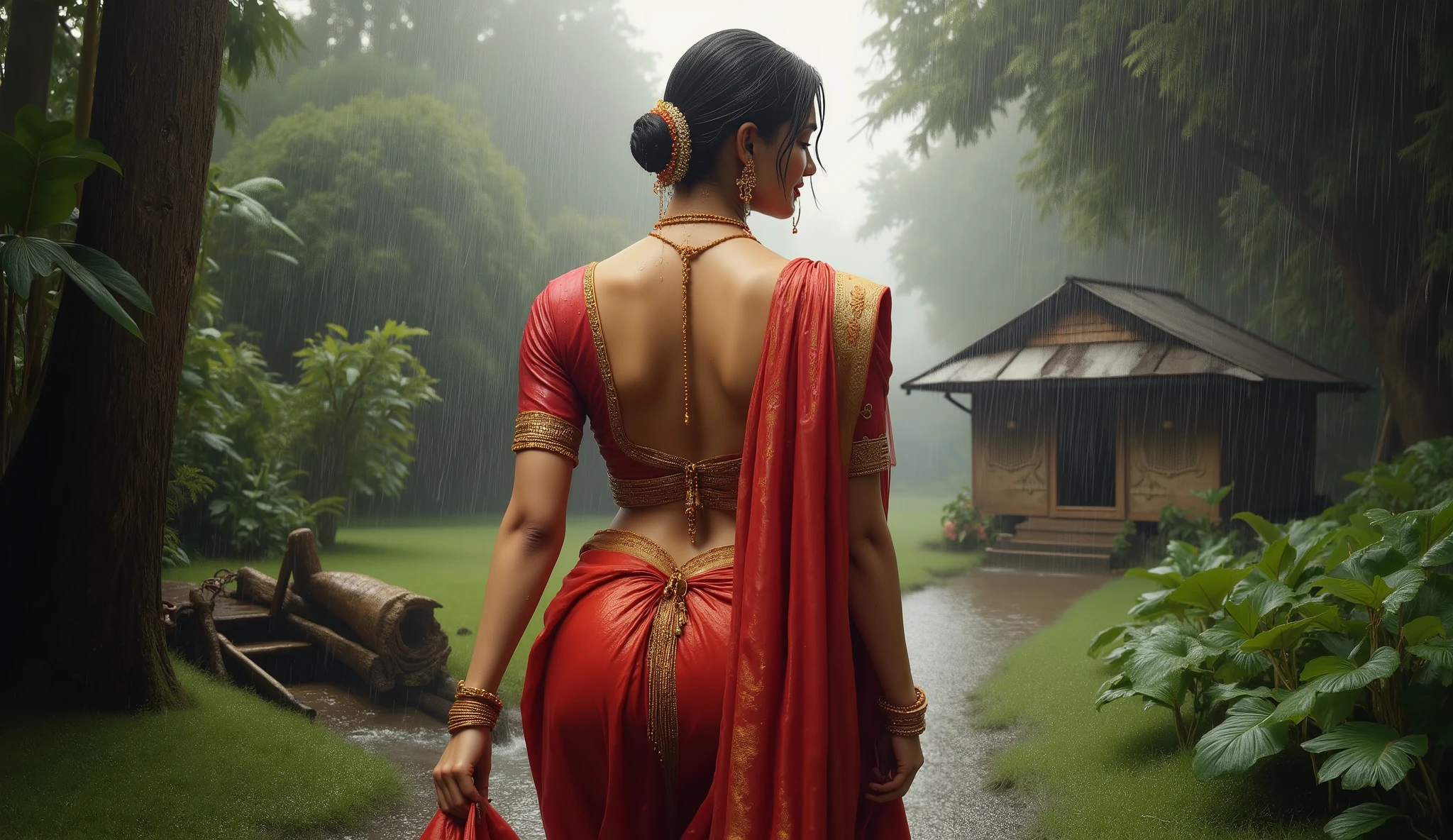 Full hd elegant picture of princess wearing wet red saree and wet half sleeves red blouse walking towards hut in heavy rain in the scary forest full picture 3d art view full picture back view 