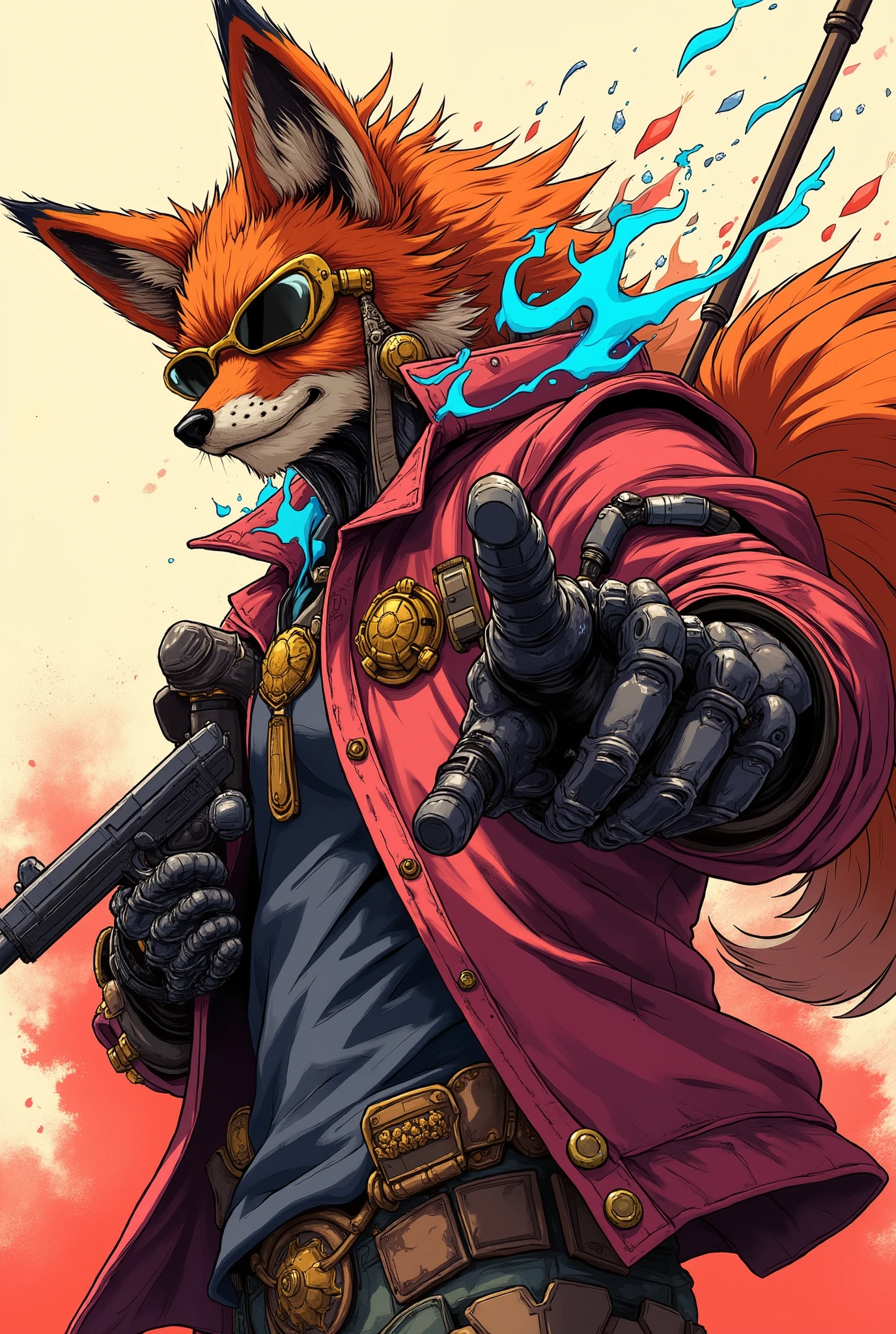 Japanese Anime,Art, animal robot, illustration, poster design ,Graffiti,fox, Handsome Pose,Robot beast,Amazing composition, fantastic background, (Perfect detail:1.1), There is a blue flame on the back,holding a gun,confident smile,sunglasses