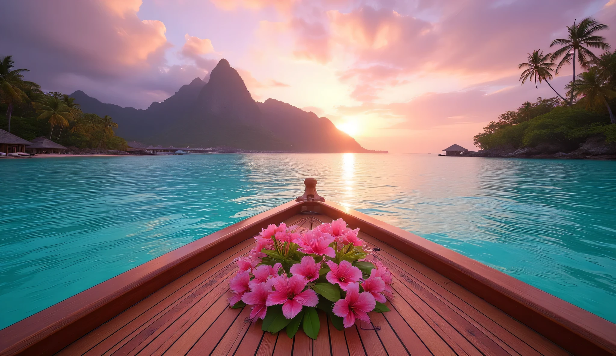 A cinematic tropical scene from the bow of a luxury wooden boat cruising on turquoise waters at sunset. In the foreground, polished wooden deck with vibrant tropical flowers (pink lilies, hibiscus, palm leaves). The horizon shows majestic green mountains of Bora Bora under a pastel pink and purple sky. The ocean glows with reflections of the sunset, calm and serene. Ultra-realistic, 4K, vibrant colors, photorealistic, perfect for YouTube thumbnail (16:9, 3840×2160).