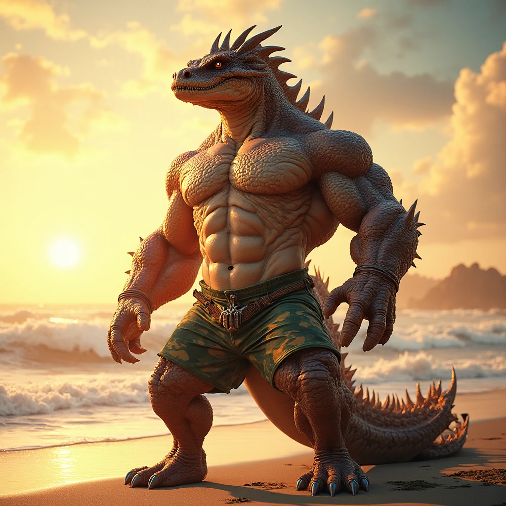 (male), solo standing (by honovy, by darkgem, by narse, by tojo the thief), (godzilla:1.2), fur, reptile, dinosaur, quality eyes, , beach, lifeguard , anatomically correct, fluffy neck, (smile) ,looking at viewer