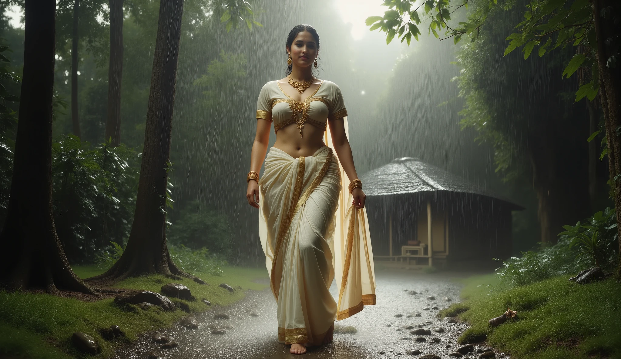 Full hd elegant picture of princess wearing wet light saree and wet half sleeves light blouse walking towards hut in heavy rain in the scary forest full picture 3d art view full picture back view 