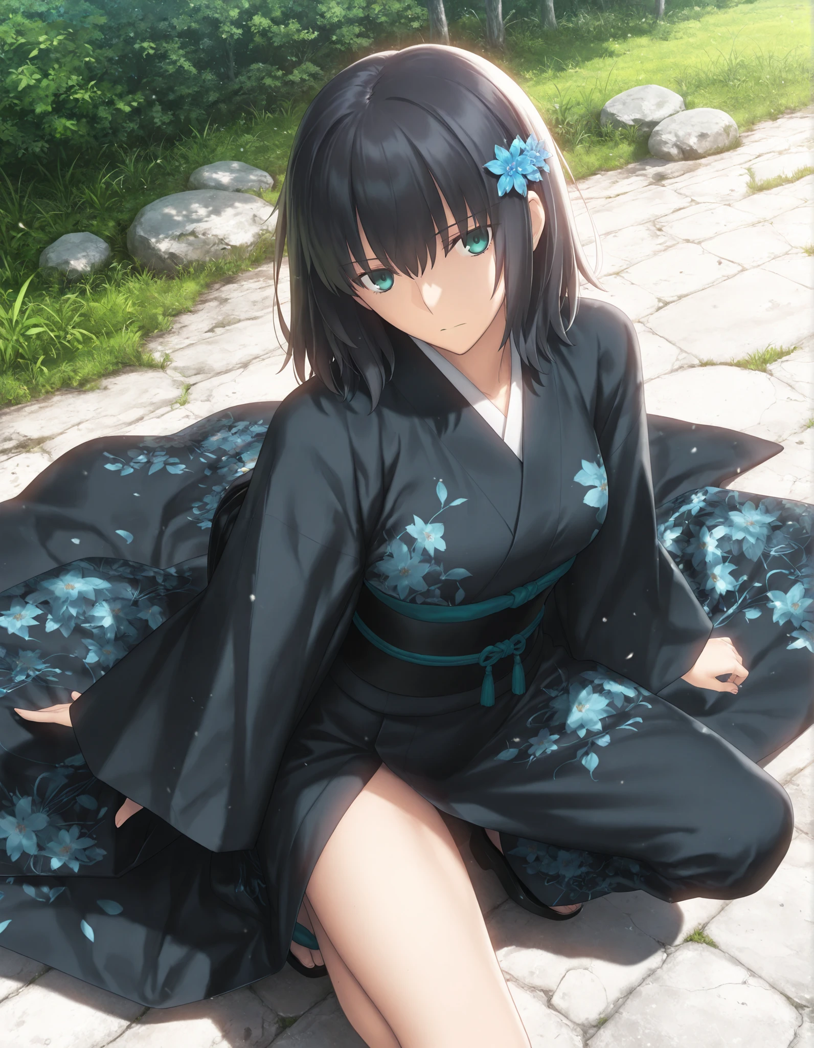 masterpiece, , absurdres, highres, detailed background, high resolution, masterpiece, necessary, detail, best quality, quality, necessary, details, High details, Precise, , outdoor, dynamic angle ,from above ,, ,
1girl, (type-moon,) style, Takeuchi Takashi style, (aged up:1.5) ,() ,head tilt , one thigh ,(crouching), (),
tall girl, 1girl ,solo ,(slim body, ),(wolf cut hair), medium hair, blue green eyes, jitome, black hair, hair ornament, break, dark haori, (dark kimono), ,looking at viewer, ,(small ), ((detailed background)) ,