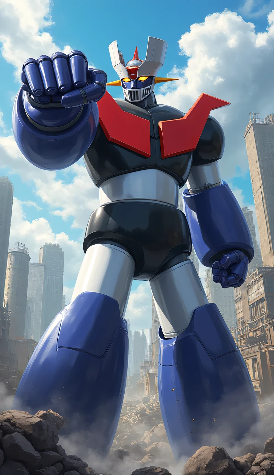 {{{masterpiece}}}, {{{best quality}}}, {{ultra-detailed}}, {illustration}, {{an extremely delicate and beautiful}}, (beautiful detailed eyes:1.6), extremely detailed face, 8k, anime face, (anime colored:1.5), mazinger, Mazinger Z, giant robot, bigger than a building, black chest, red heat sink, black shoulders, white upper arm, black cubital fossa, white belly, black waist, white thighs, black calf, (bareback:1.3), BREAK, 2 robot, (giant robots fighting each other:1.5), Mazinger_Z is fighting mechanical beasts in the city, he is clenching his fist and thrusting his arm forward in a punching pose, (punching pose:1.5), mechanical beasts, Beast-like robot, (there are robot remains around:1.5), outdoor, daytime, city, factory,(whole body:1.5), (cropped shot:1.5)